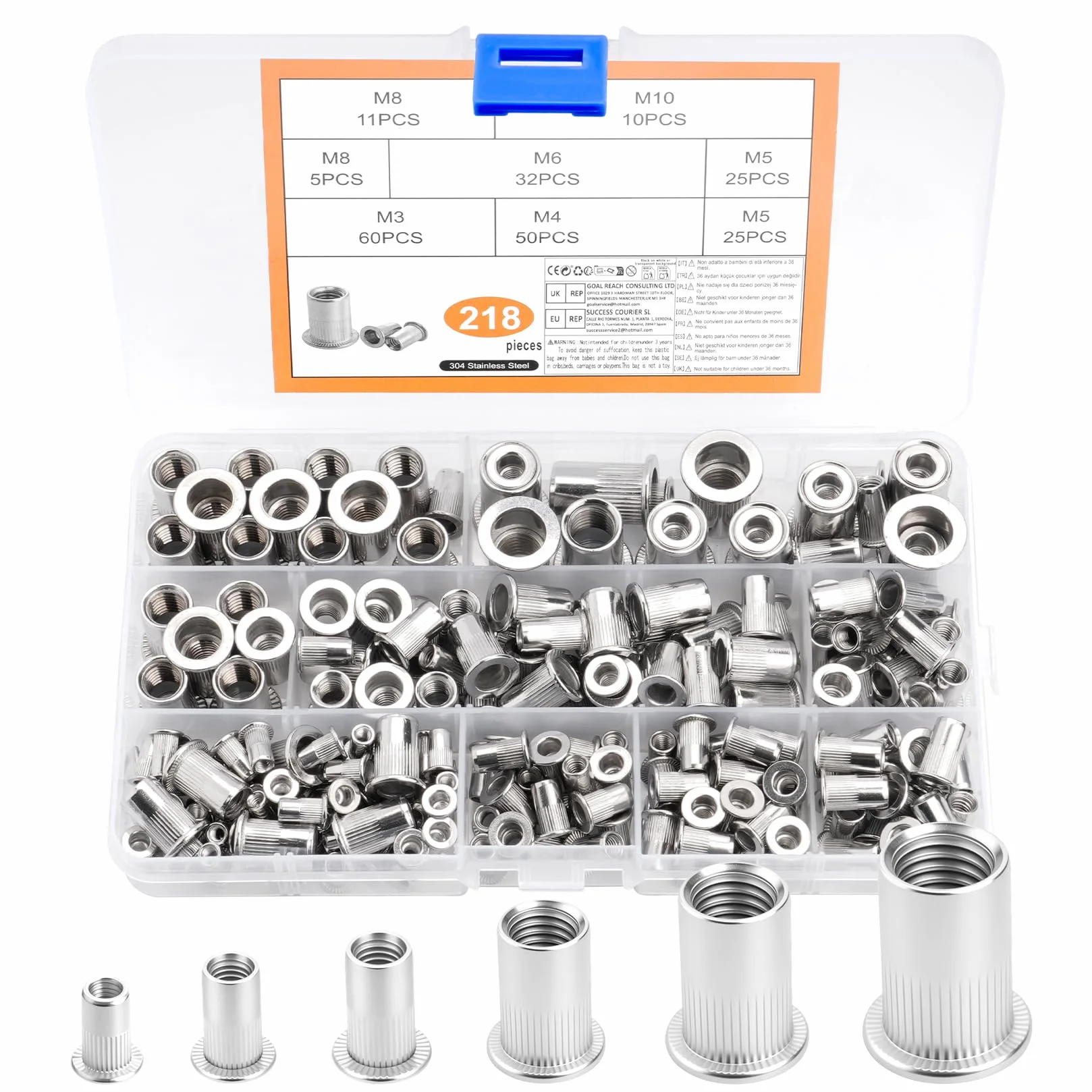 Zestaw 218 Pz Inserti Filettati Acciaio Inox M3 M4 M5 M6 M8 M10