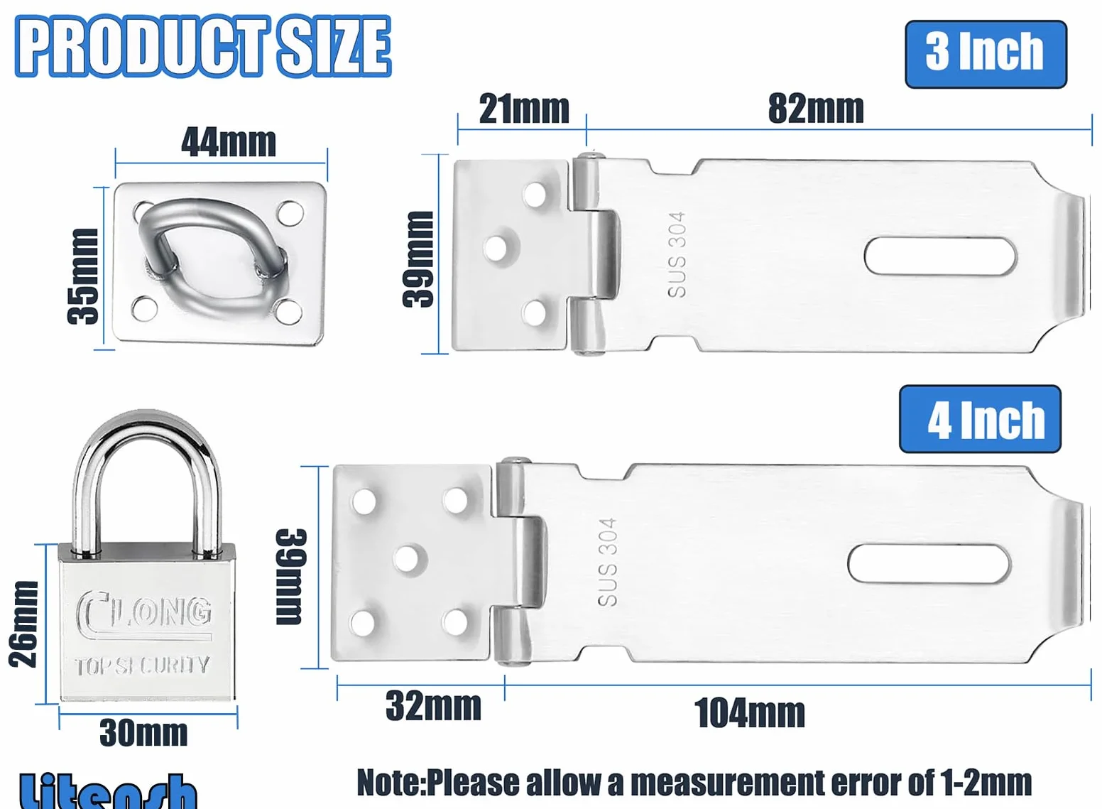 Packlock Hasp Serrature per porte in acciaio inox 7,6 cm chiusura di sicurezza extra spessa