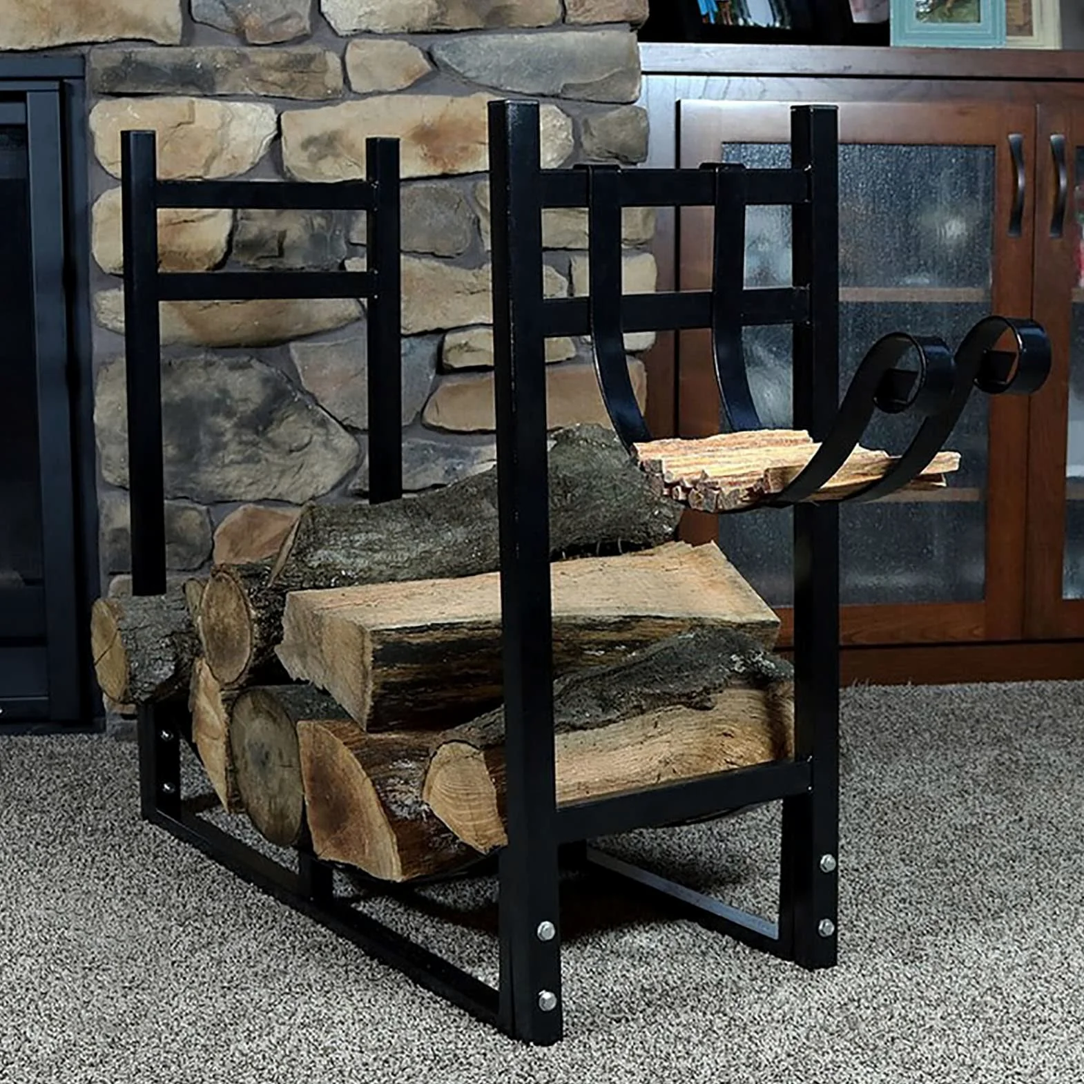 Portalegna da ardere in metallo resistente nero, scaffale per legna da ardere alto 78 cm, ripiano per accessori per caminetto da esterno, resistente alla ruggine, facile da montare