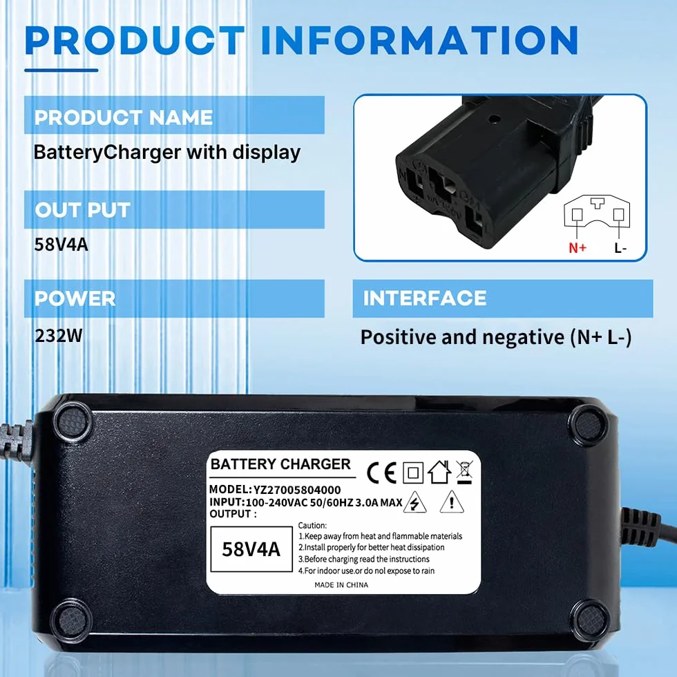 Caricatore per batteria al piombo-acido 48V 20Ah per veicoli elettrici, scooter elettrici, e-bike, caricabatterie AC-DC con display, connettore a 3 poli