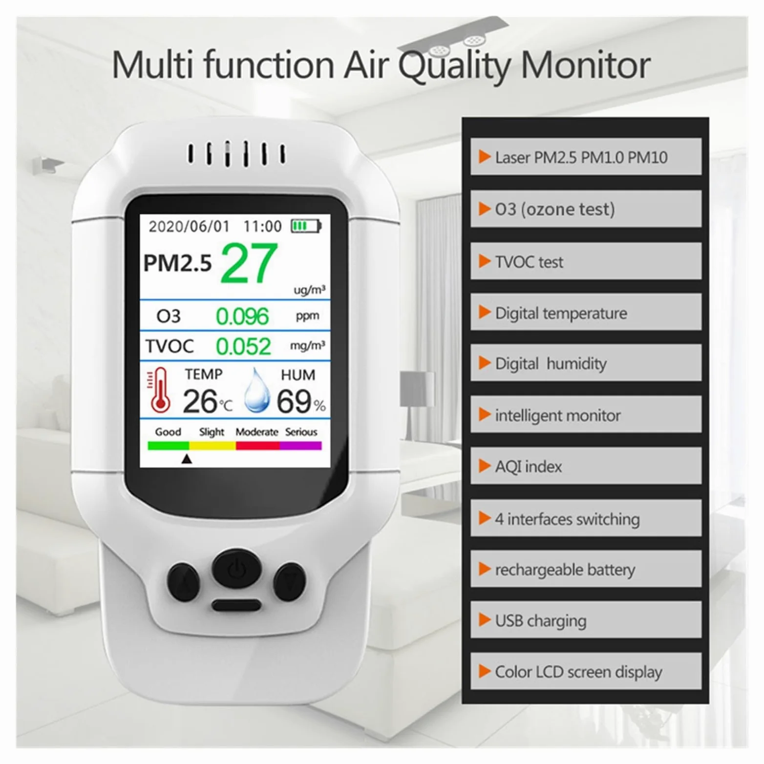 Misuratore di ozono portatile Rilevatore O3 0-5ppm Gamma Tester Monitor qualità 'aria TVOC Analizzatore PM2.5 Sensore gas Per cucina e camper