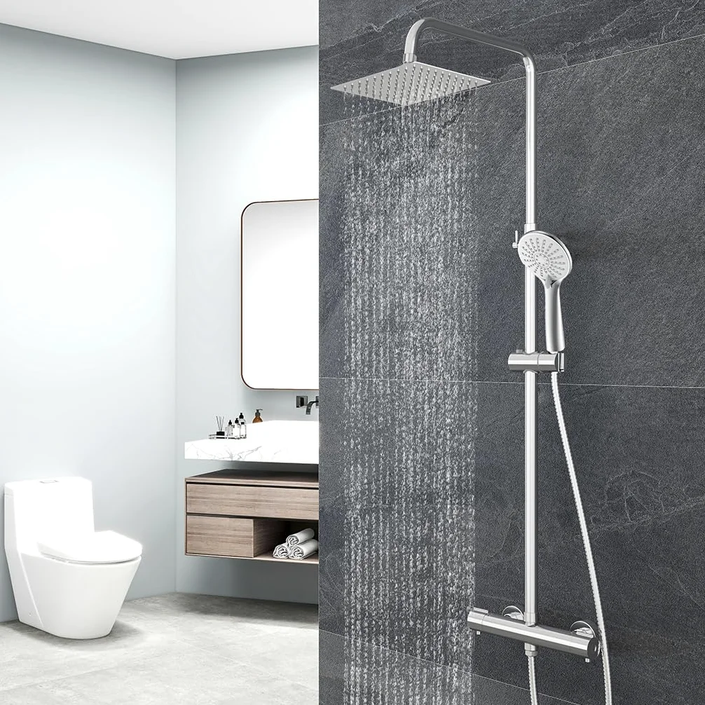 OCEAN ITALY Colonna Doccia con Rubinetto Termostatico, Miscelatore Doccia Soffione Doccia Quadrato in Acciaio Inox 20x20cm, Doccetta Tonda da 108mm, Altezza Regolabile 735-1170mm Cromo