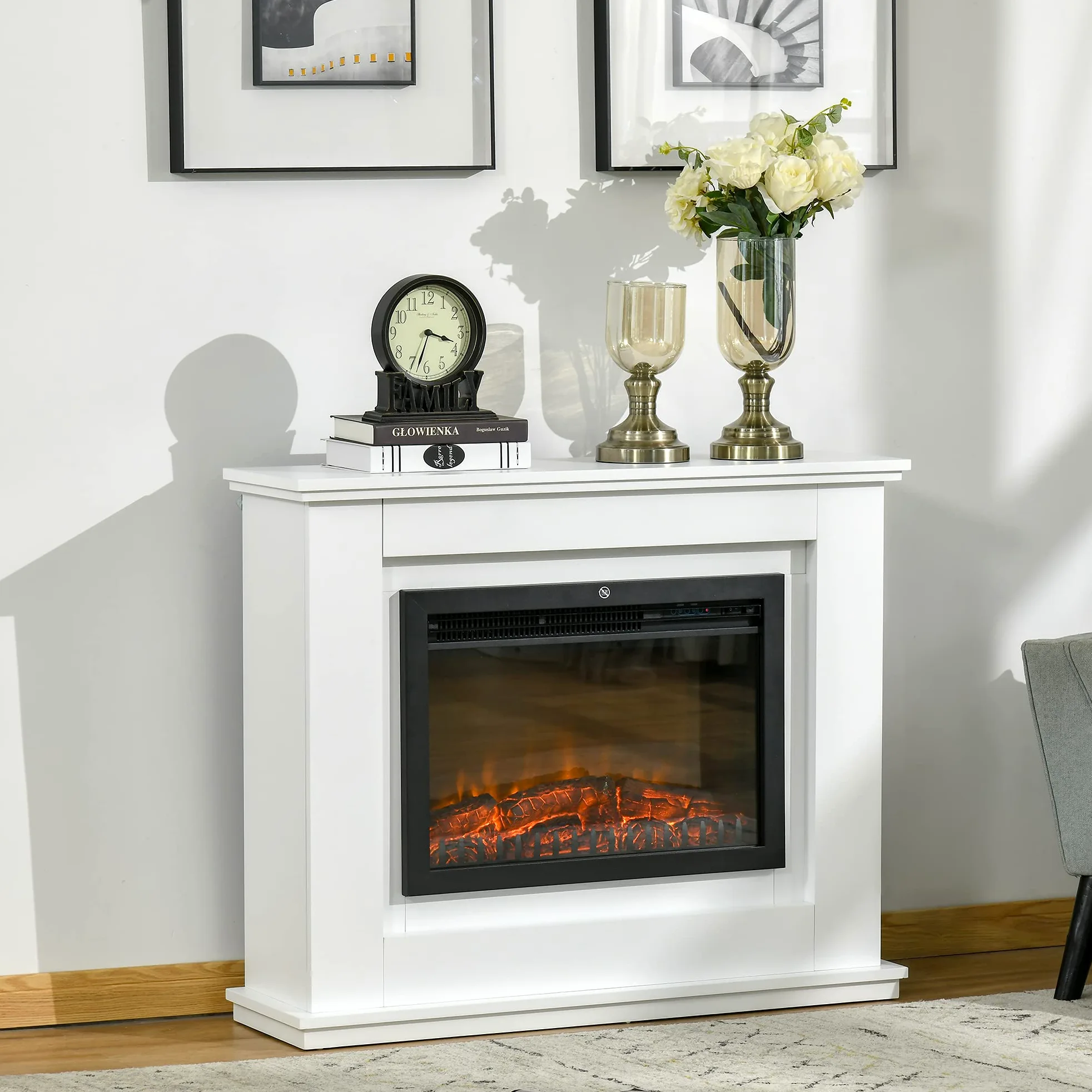 HOMCOM Camino Elettrico Effetto Fiamma Realistico 98x27.5x80cm Bianco | Cornice in Legno, Caminetto Elettrico, Termostato, Protezione da Surriscaldamento, Timer e Telecomando, 1000W e 2000W