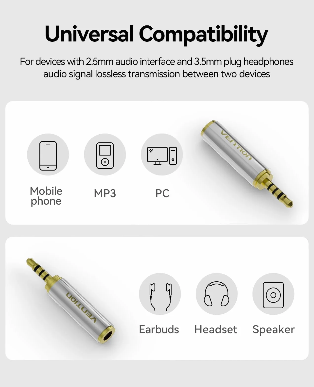 VENTION Convertitore adattatore audio da 3,5 mm femmina a 2,5 mm maschio, qualità premium, cuffie auricolari da 2,5 mm a 3,5 mm, jack stereo o mono a 3 anelli (2 pezzi)