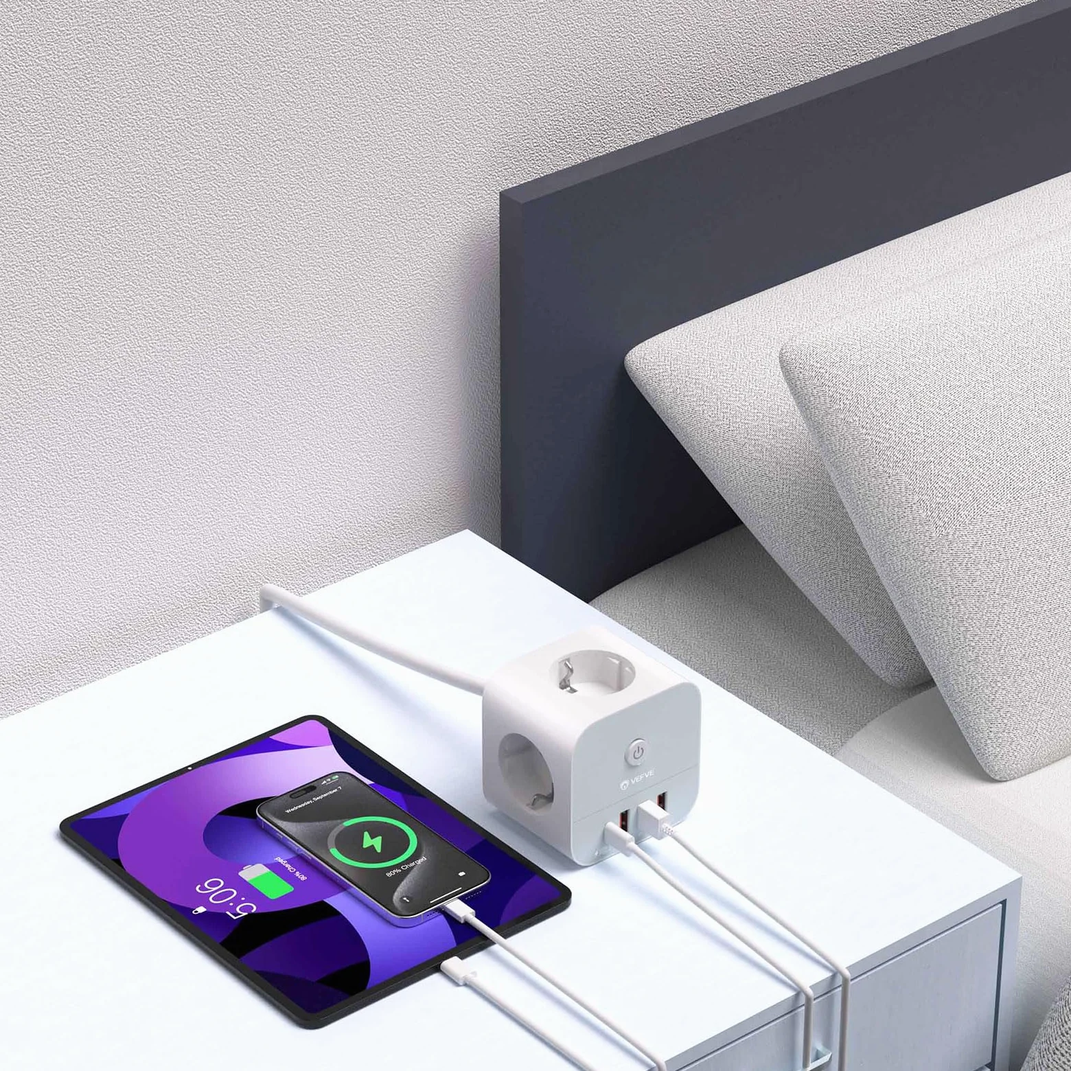 VEFVE Ciabatta con cavo, 7 in 1 cubo, presa multipla con USB C 20 W, 3 prese, 1 USB-C e 3 USB-A, 3680 W con interruttore, cavo di prolunga da 5 m