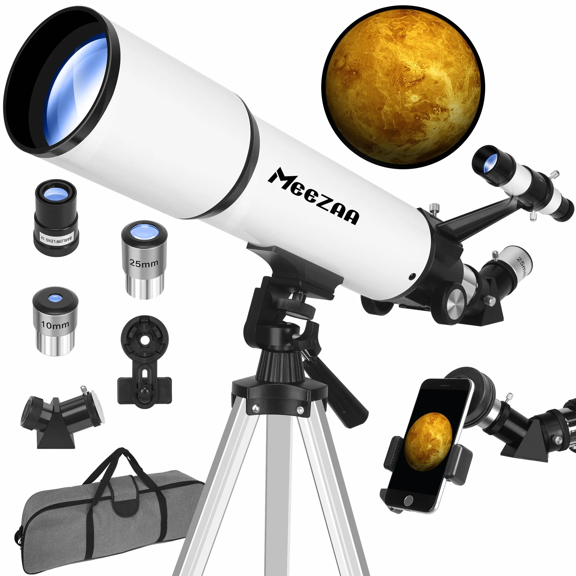 MEEZAA Telescopio, Telescopio Astronomico Professionale Adulti, 80/600mm (24X-180X) Telescopi Rifrattori per Bambini e Principianti, Portatile da Viaggio con Treppiede, Adattatore Telefonico e Borsa