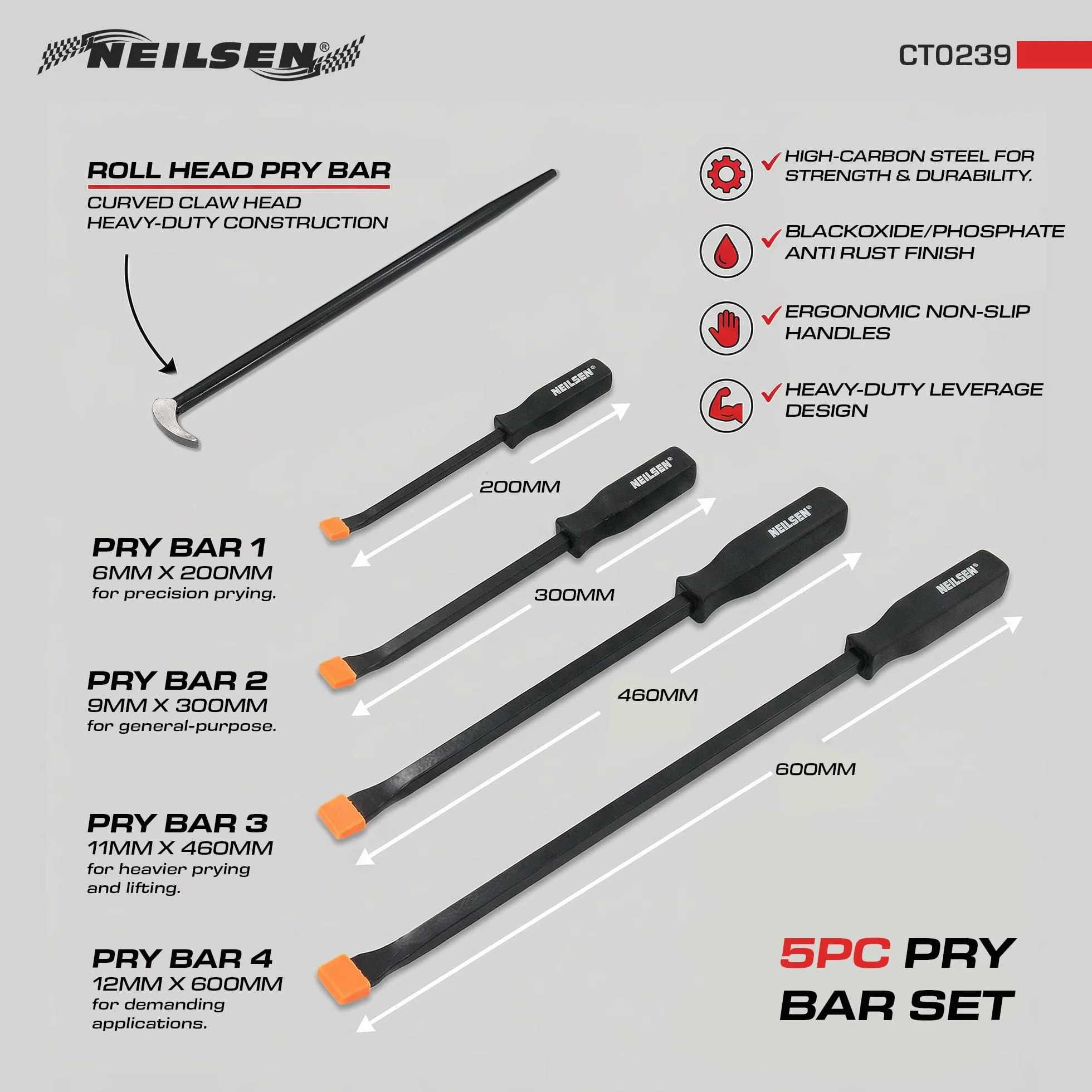 Neilsen CT0239 Set di 5 leve con manici arancioni, barra a testa cilindrica, nero