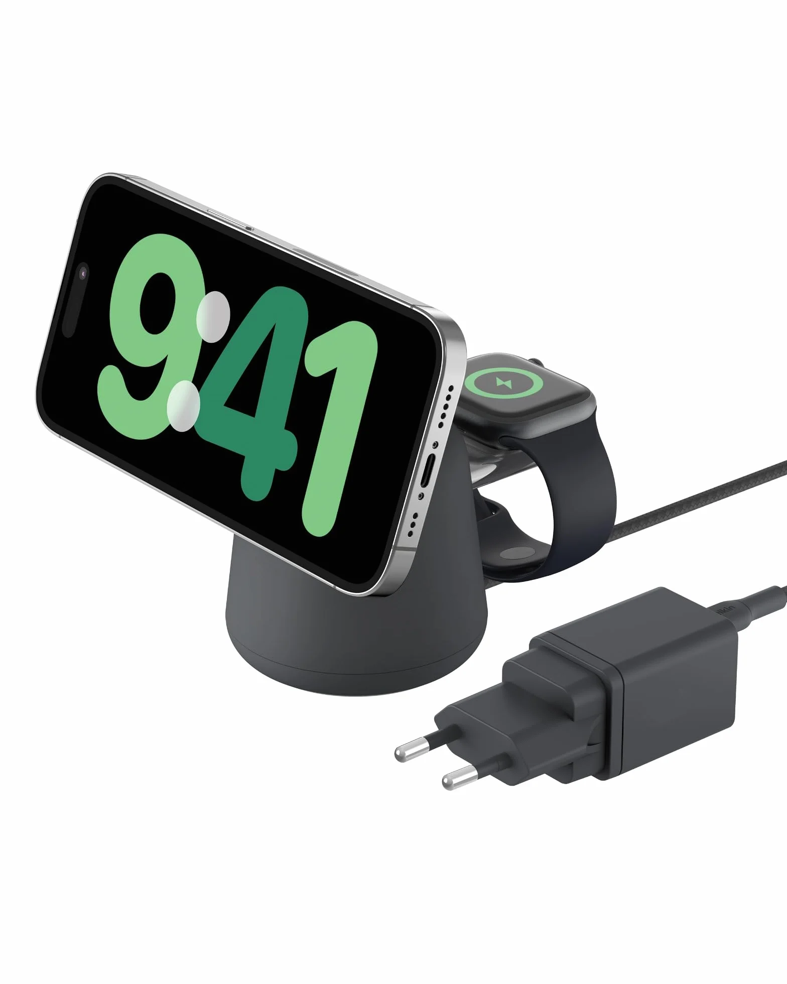 Belkin BoostCharge Caricabatteria wireless 2 in 1 con Qi2 da 15 W, caricatore MagSafe per iPhone 16, 15, 14, 13, 12, Apple Watch, AirPods e altri dispositivi Qi2, alimentatore incluso, Carbone
