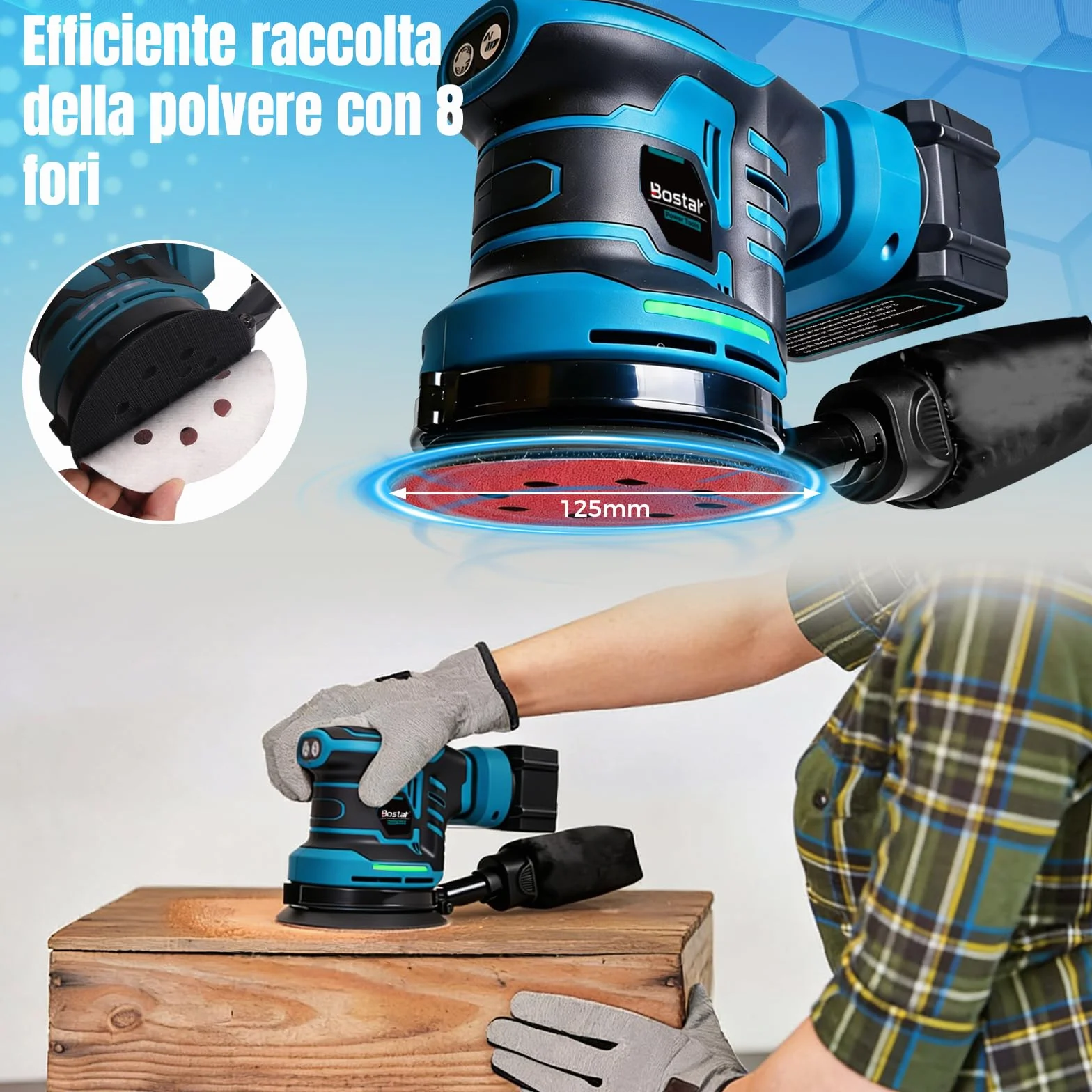 Bostar Levigatrice Rotorbitale a Batteria 18V, Ø125mm Motore Brushless, 2 Batterie 3.0Ah, Max. 21000 Giri/min, 6 Velocità, Sacco Polvere, Levigatrice Orbitale per Legno e Auto, Compatibile Makita 18V