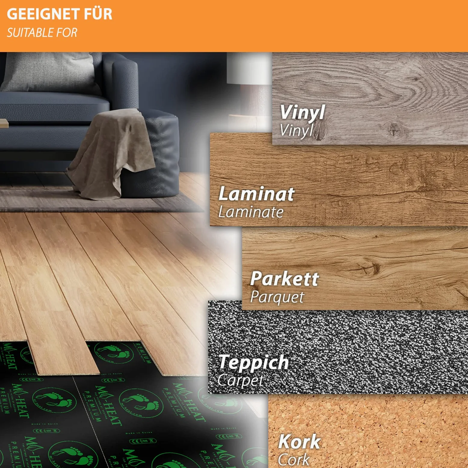 Mi-Heat - Pellicola riscaldante di alta qualità, 3,5 m, 100 Watt/m², larghezza 50 cm, per riscaldamento elettrico a pavimento in vinile, laminato, parquet, moquette in sughero