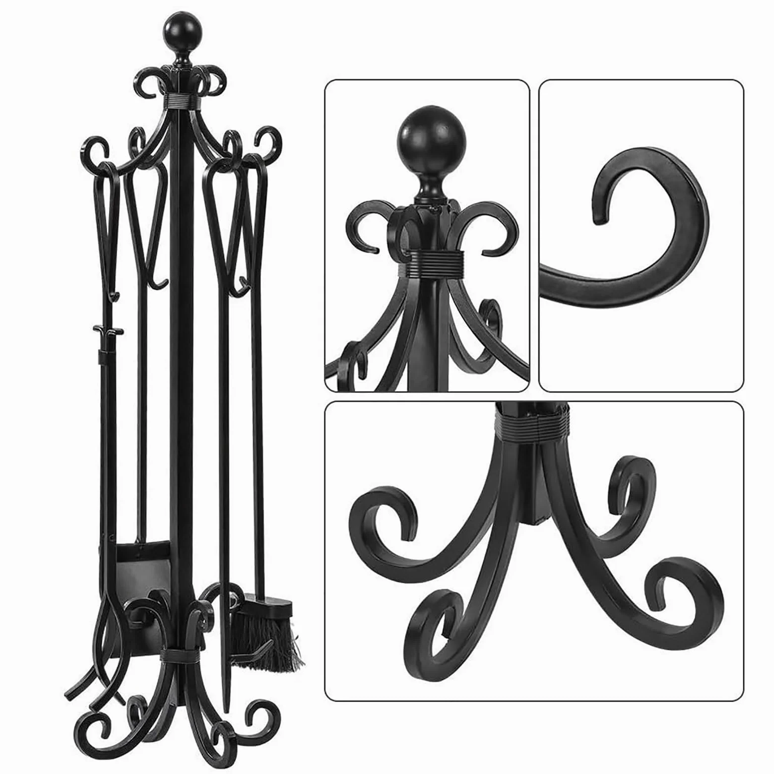 Set di attrezzi per camino, in ferro battuto resistente, set di 5 attrezzi per braciere con pinza, pala, attizzatoio e spazzola, per interni ed esterni, kit di accessori invernali