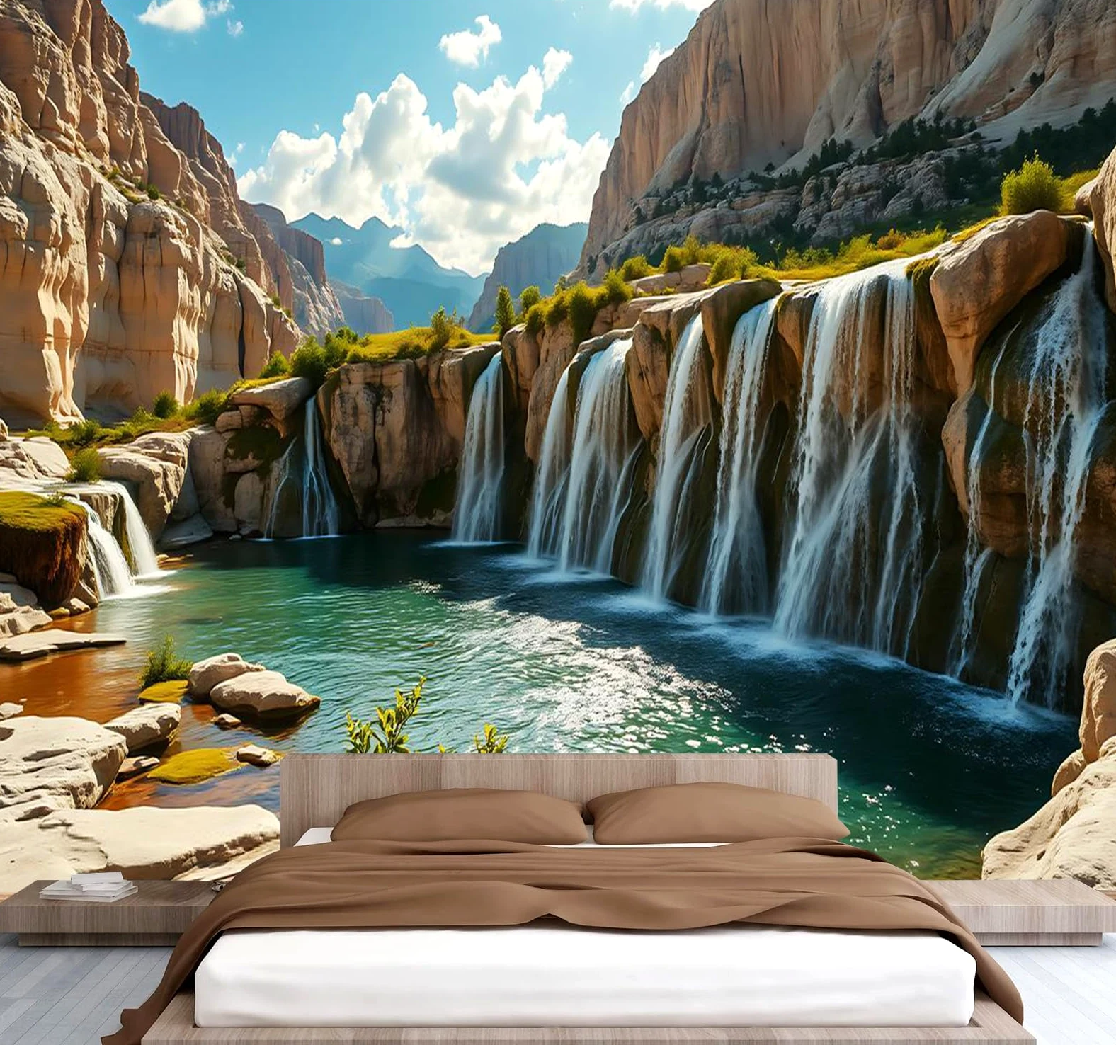 Carta da parati effetto 3D Cascata Montagna 300 x 210 cm Murale Non Tessuto Natura Paesaggio Fotomurale Stampa HD Moderna Poster Per Soggiorno E Camera Da Letto Design 2M1844