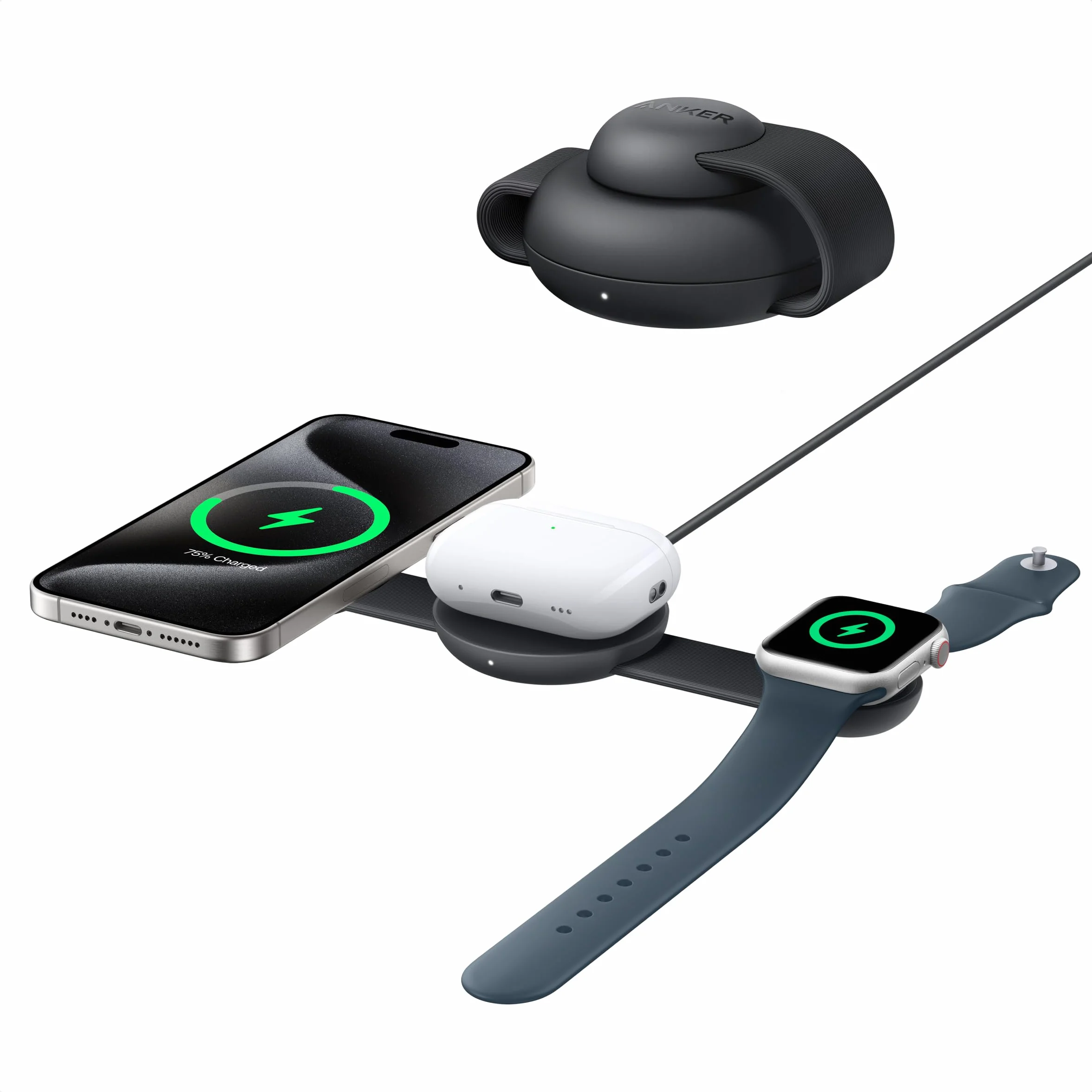 Anker MagGo Caricatore Wireless iPhone 3 in 1 15W, Compatibile con MagSafe, Certificato Qi2, Pieghevole e Portatile per iPhone 17 Pro Max/Serie 16-12, AirPods, Apple Watch(Caricatore USB C Incluso)