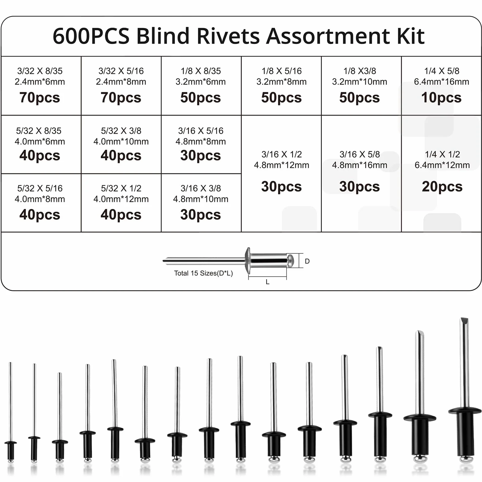 Proster 600 Rivetti in Alluminio Neri Assortiti – 15 Misure da 2.4 a 6.4 mm Kit Blind Rivets