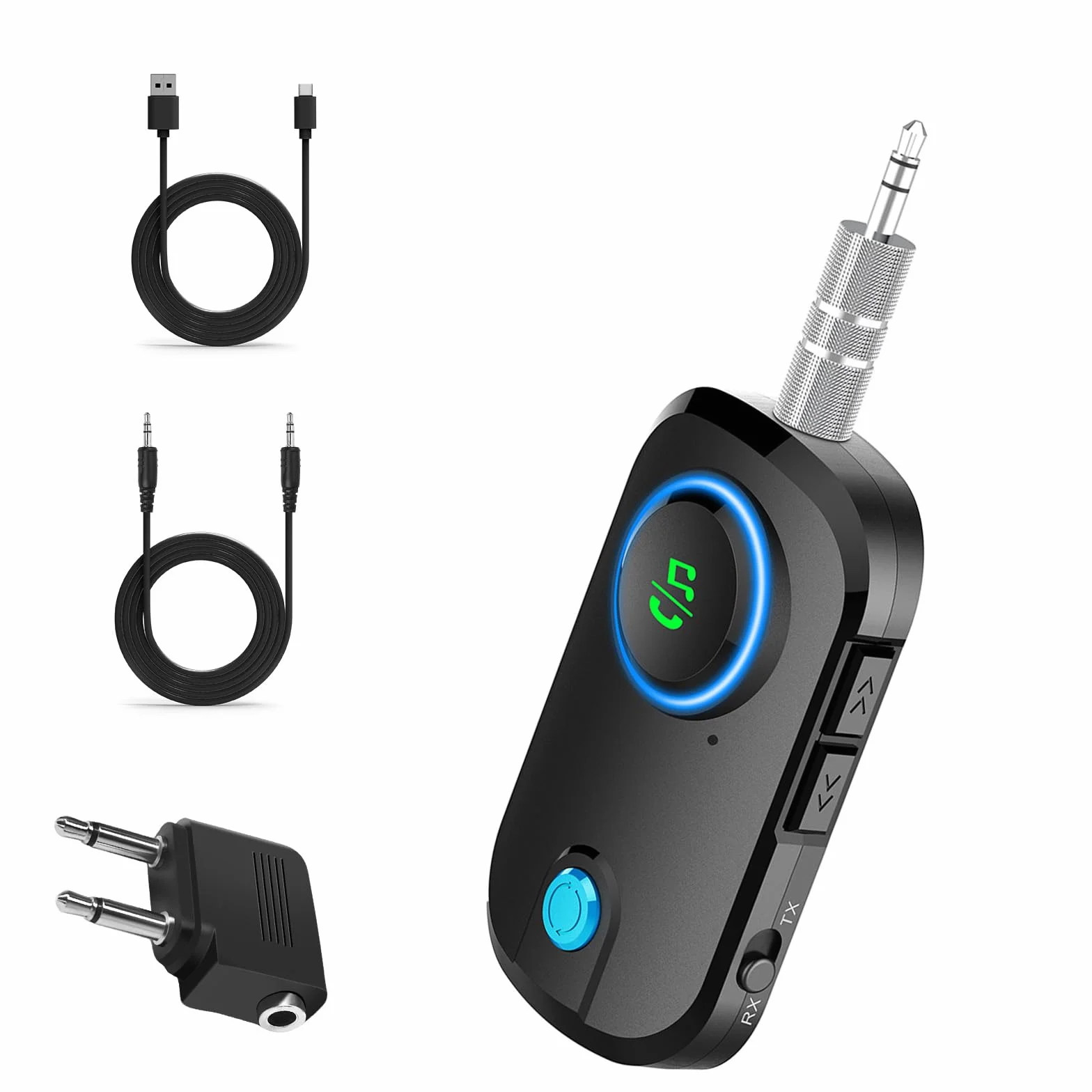 Trasmettitore Ricevitore Bluetooth 5.3, 2-in-1 Adattatore Bluetooth Auto, Cuffie Aereo con Supporto 2 Auricolari, Jack 3.5 mm AUX, Adattatore Wireless per TV, Autoradio, Home Theater, Lettori MP3