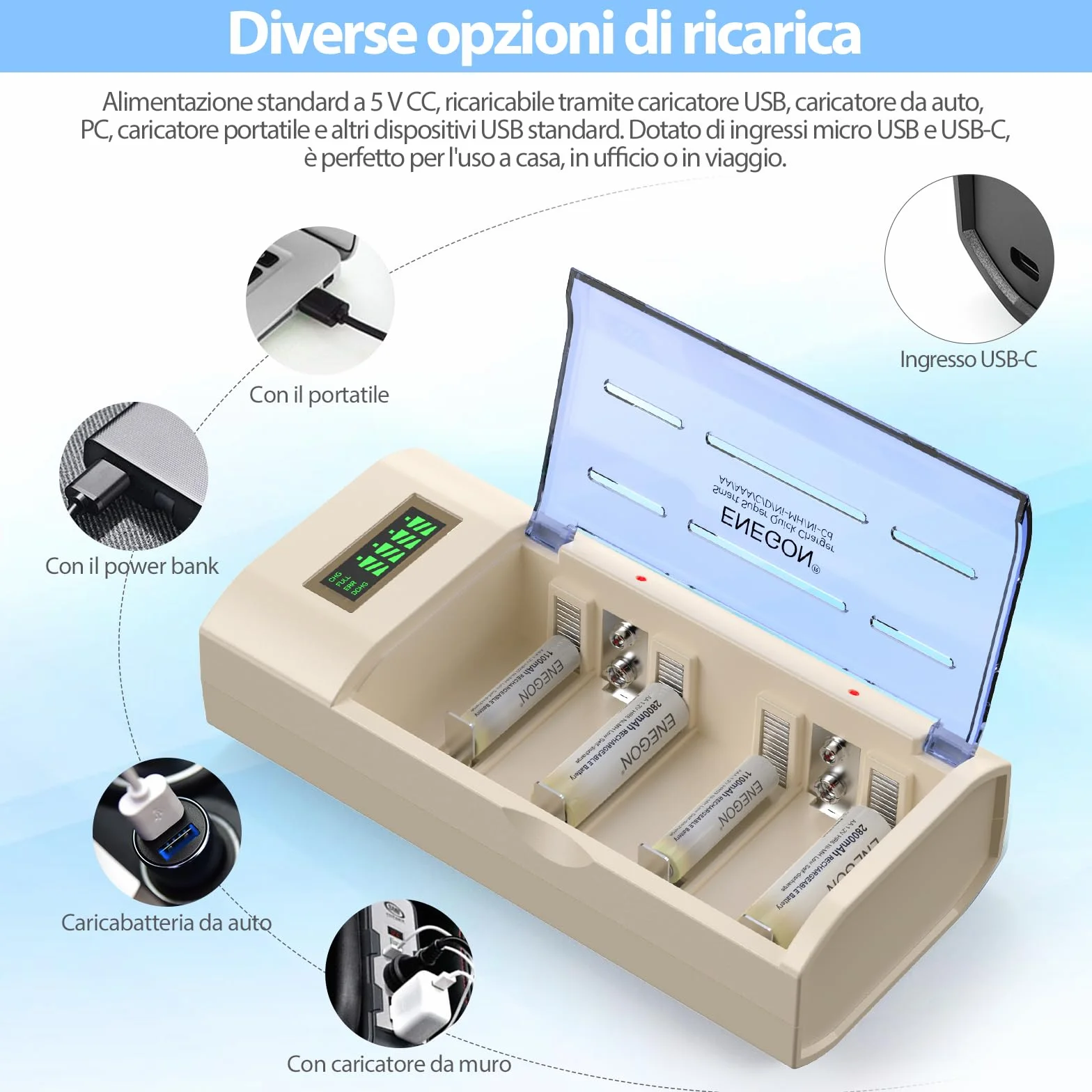 ENEGON Caricabatterie Universale per AA/AAA/C/D/9V NiMH/NiCD, con Display LCD, Funzione di Scarica e 4 Slot (Senza Adattatore)