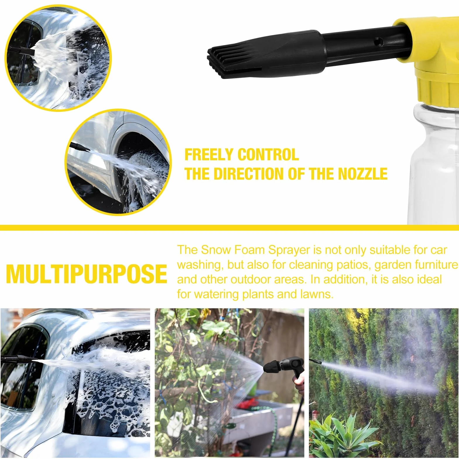 Foam Gun Car Wash 1000ml, 2 in 1 Lancia Schiuma Regolabile, Pistola Schiuma per Pulizia Auto Cannone Schiuma Attacco Tubo da Giardino per Pulizia Auto e Moto Giardini (Giallo)