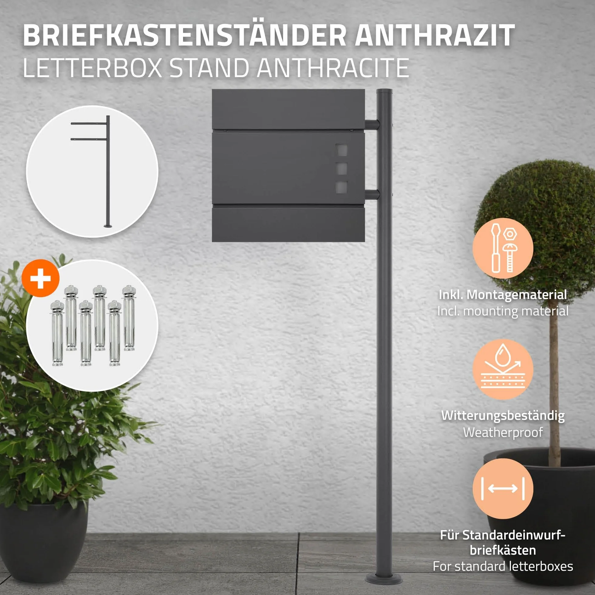 Supporto per Cassetta delle Lettere in Acciaio Inox Verniciato a Polvere Antracite 120 cm