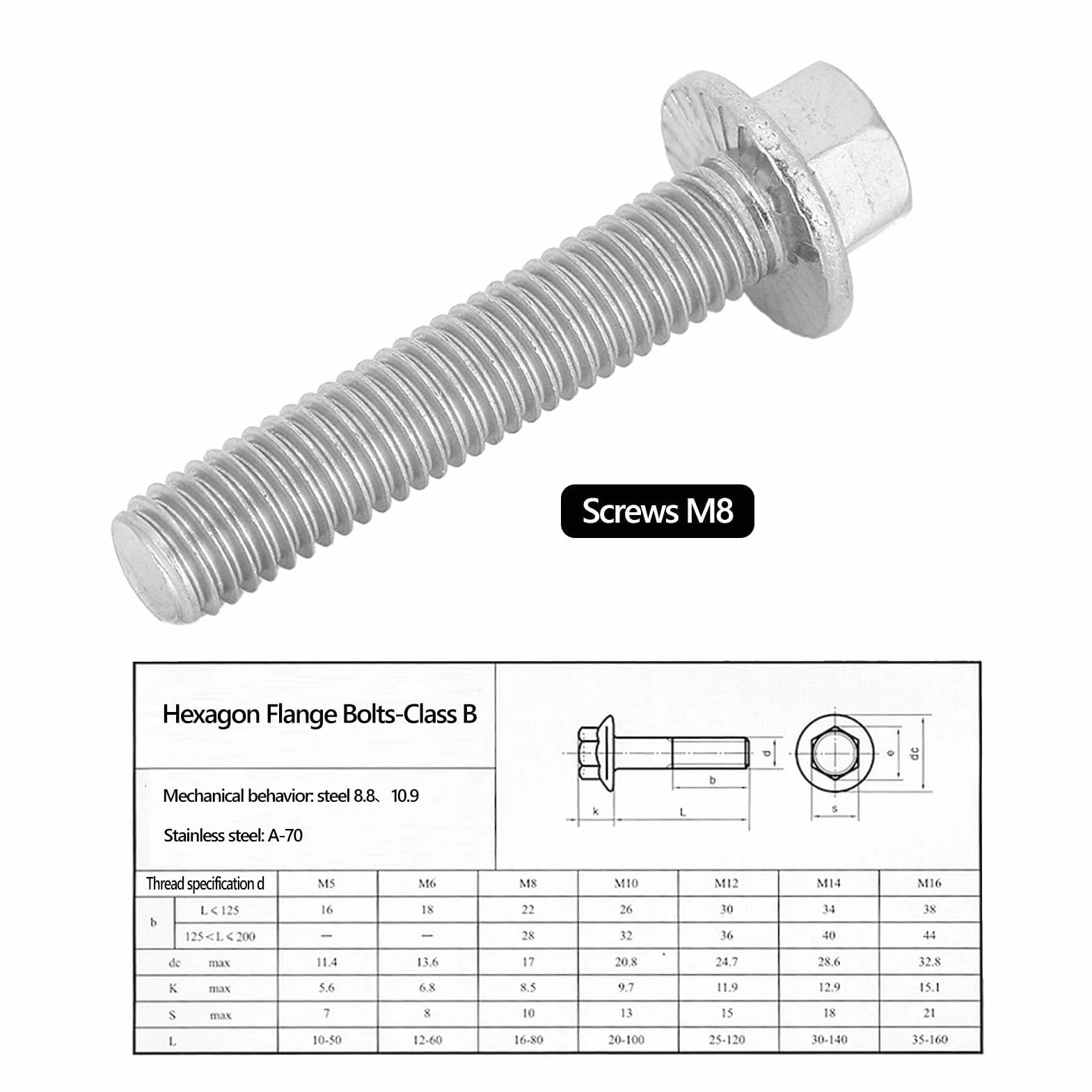 Walfront Viti a Flangia Esagonale M8 Acciaio Inossidabile 304, 10 Pezzi, M8 x 40 mm