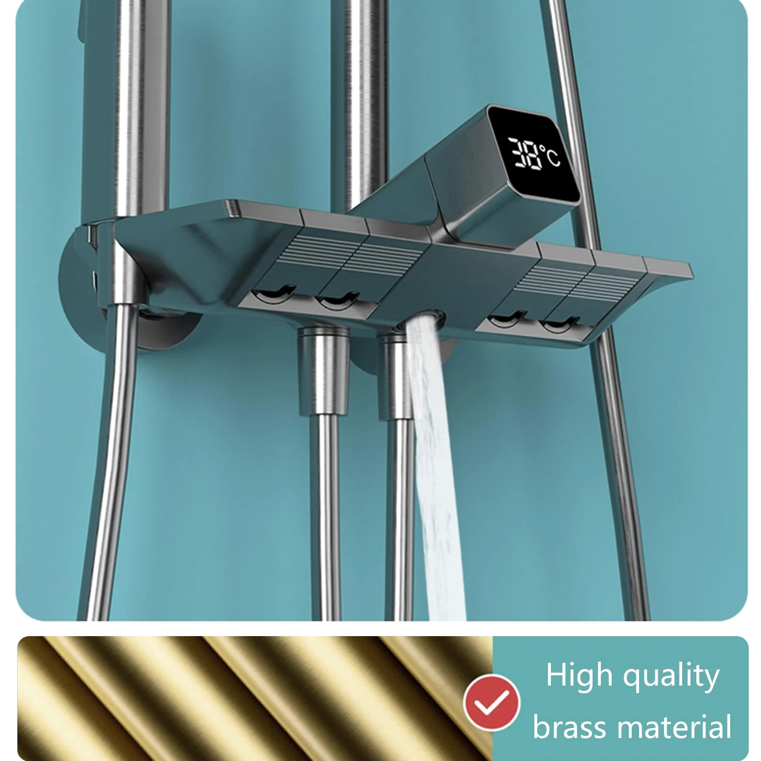 Sistema Doccia termostatico, Set Tasti Pianoforte con soffione a Pioggia, doccetta, beccuccio per Vasca e doccetta per Bidet, Display Digitale, Miscelatore in Ottone (Cromo)