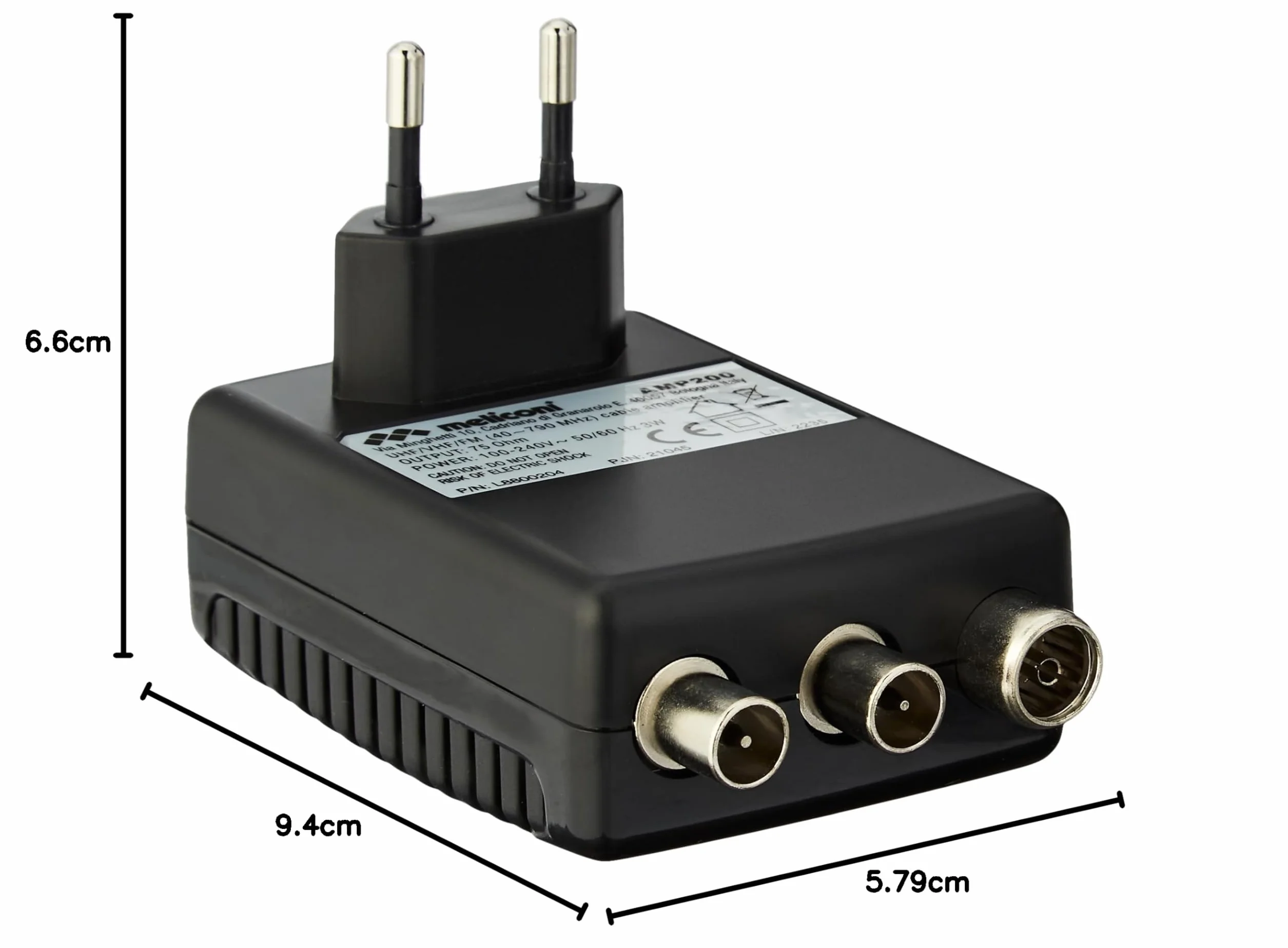 Meliconi AMP200, Amplificatore Segnale Digitale Antenna TV, a 2 Vie, Alimentazione Diretta 230 Vac / 50 Hz 3W, Gamma di frequenza 40 – 790 MHz, 1 ingresso / 2 uscite 75 Ohm, fino a 20 dB