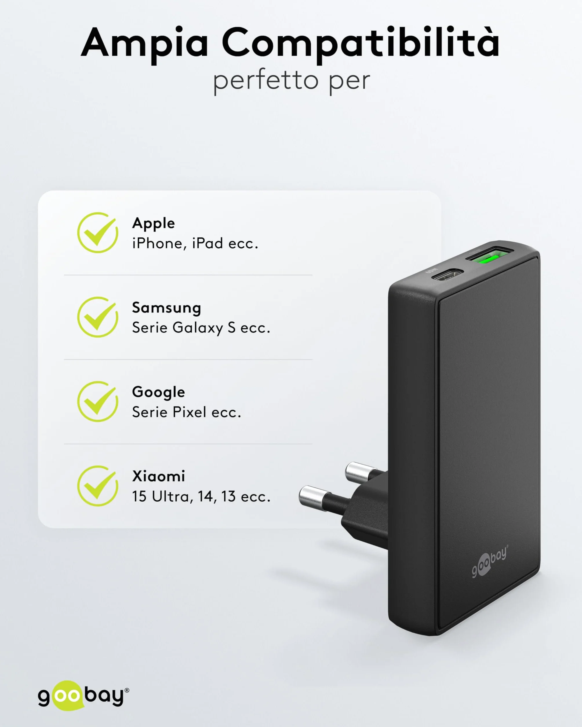 goobay GaN Caricabatteria da 65 W, con doppia porta (USB-C e USB-A), design piatto a 90°, ultra sottile e salvaspazio, per Apple, Samsung, Huawei, tablet ecc., nero,75723