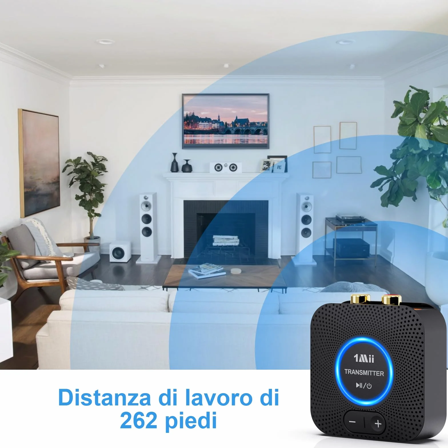 1Mii 2.4GHz (1 TX+1 RX) Set Trasmettitore e Ricevitore Audio Wireless per TV, Bassa Latenza 25ms con Ingresso/Uscita AUX RCA da 3.5mm, Adattatore Audio Wireless per TV, PC, Altoparlante, Amplificatore