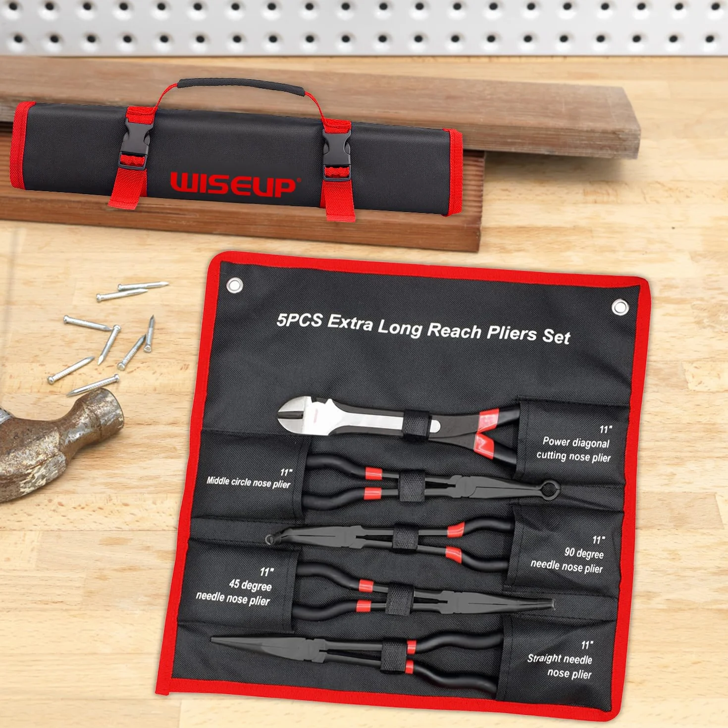 WISEUP Set 5 pinze a becco lungo, acciaio al carbonio, 11", dritte, 45°, 90°, tagliafili laterali