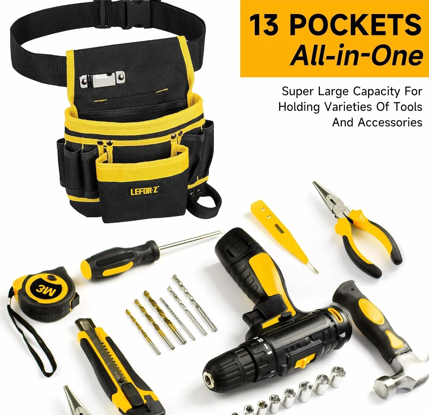 Cintura per Attrezzi da Lavoro Elettricista 13 Tasche Regolabile Imbottita Tasche Magnetiche Staccabili
