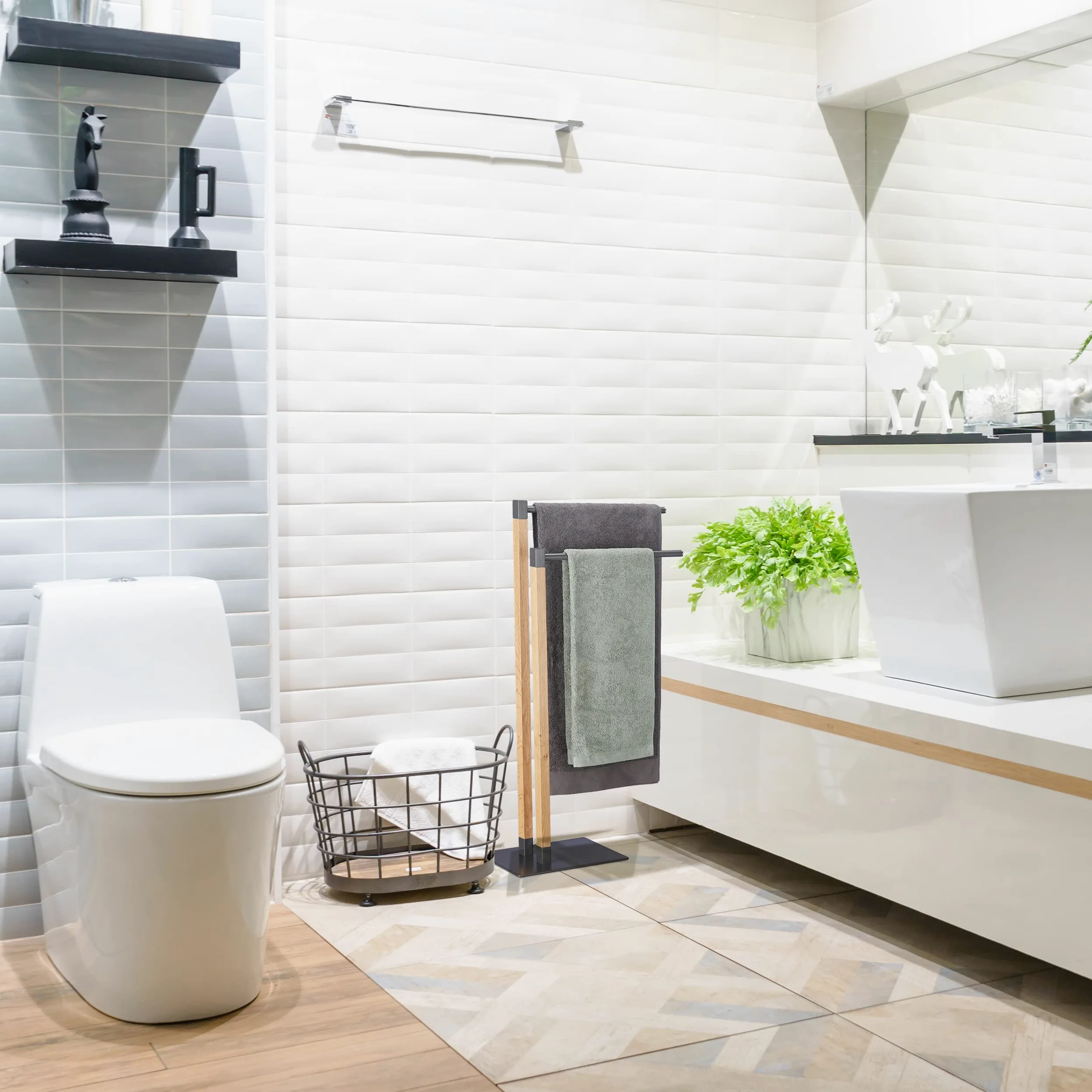 Relaxdays Piantana Portasciugamani da Bagno, Acciaio e Legno, 2 Bracci, HLP: 83,5x51,5x20 cm, Antracite Color Naturale