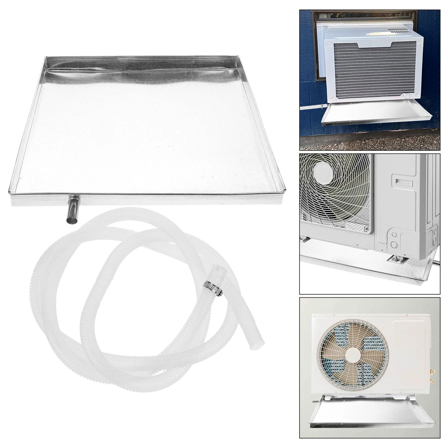 Jojofuny Vaschetta Raccolta Acqua Condizionatore in Acciaio Inox 15.75"X15.75"X1.38" Con Tubo Scarico E Clip Universale Per Unità Esterne Casa Protezione Anti Perdite
