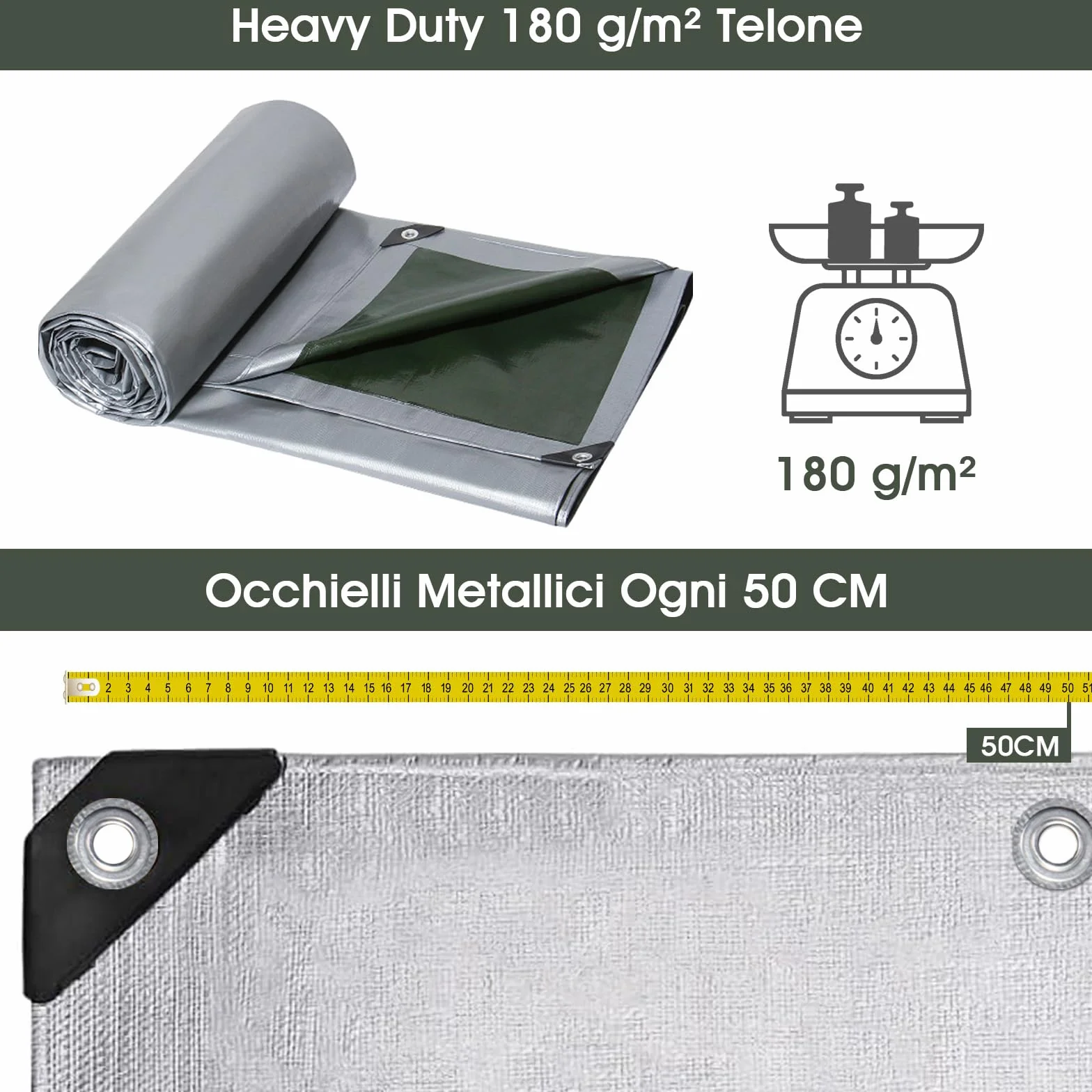 Telo Impermeabile Esterno 2x3m 180 g/m² PE con Rinforzato Occhielli, Telone Resistente ai Raggi UV Agli Strappi, Telo Protettivo Copertura Multiuso per Mobili da Giardino Barche Legno Piscina Camion