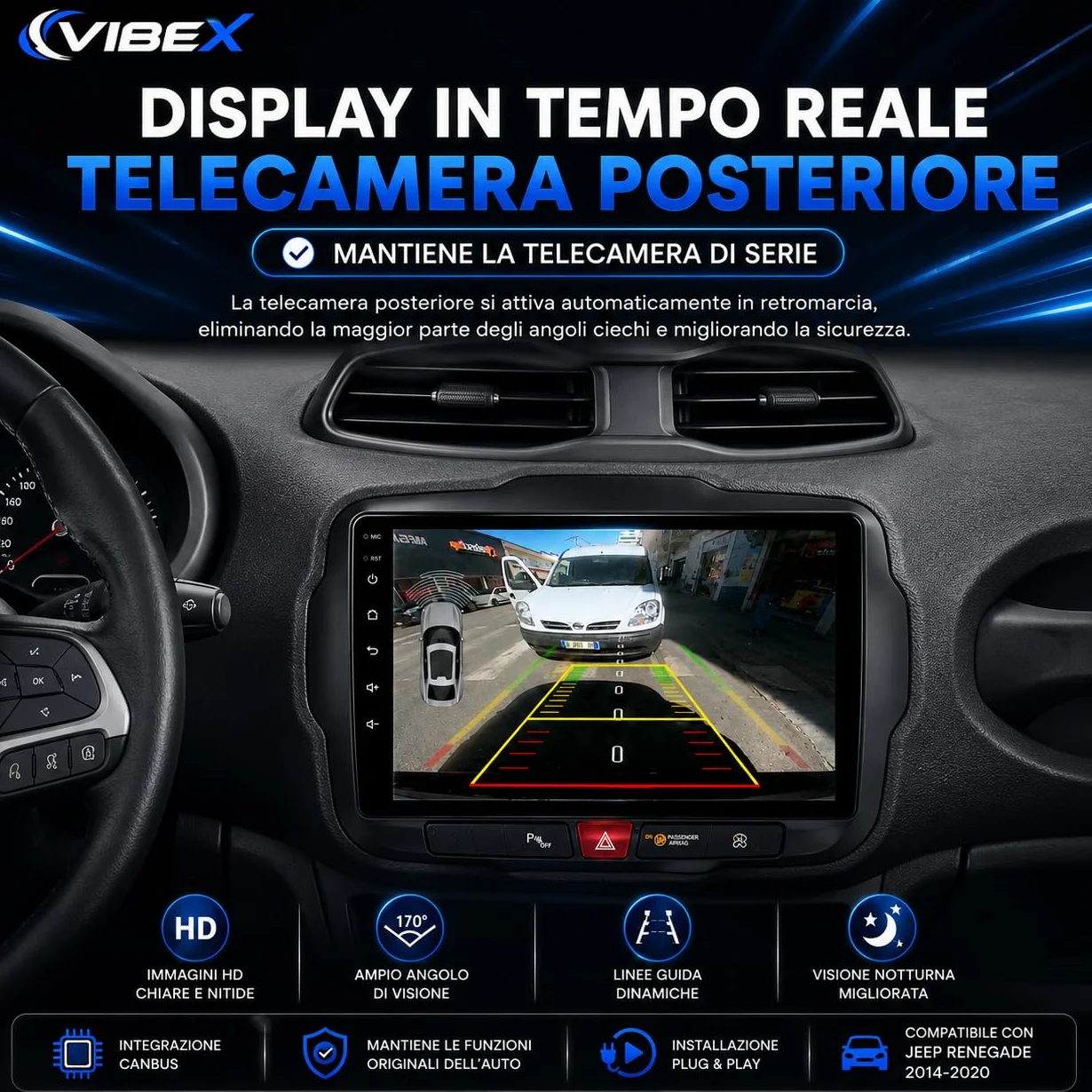VIBEX Autoradio 9" Android per Jeep Renegade 2014 2015 2016 2017 2018 2019 2020, Wireless Apple CarPlay Android Auto, Navigazione GPS, Bluetooth, WiFi, Schermo Touchscreen, Supporto Retrocamera