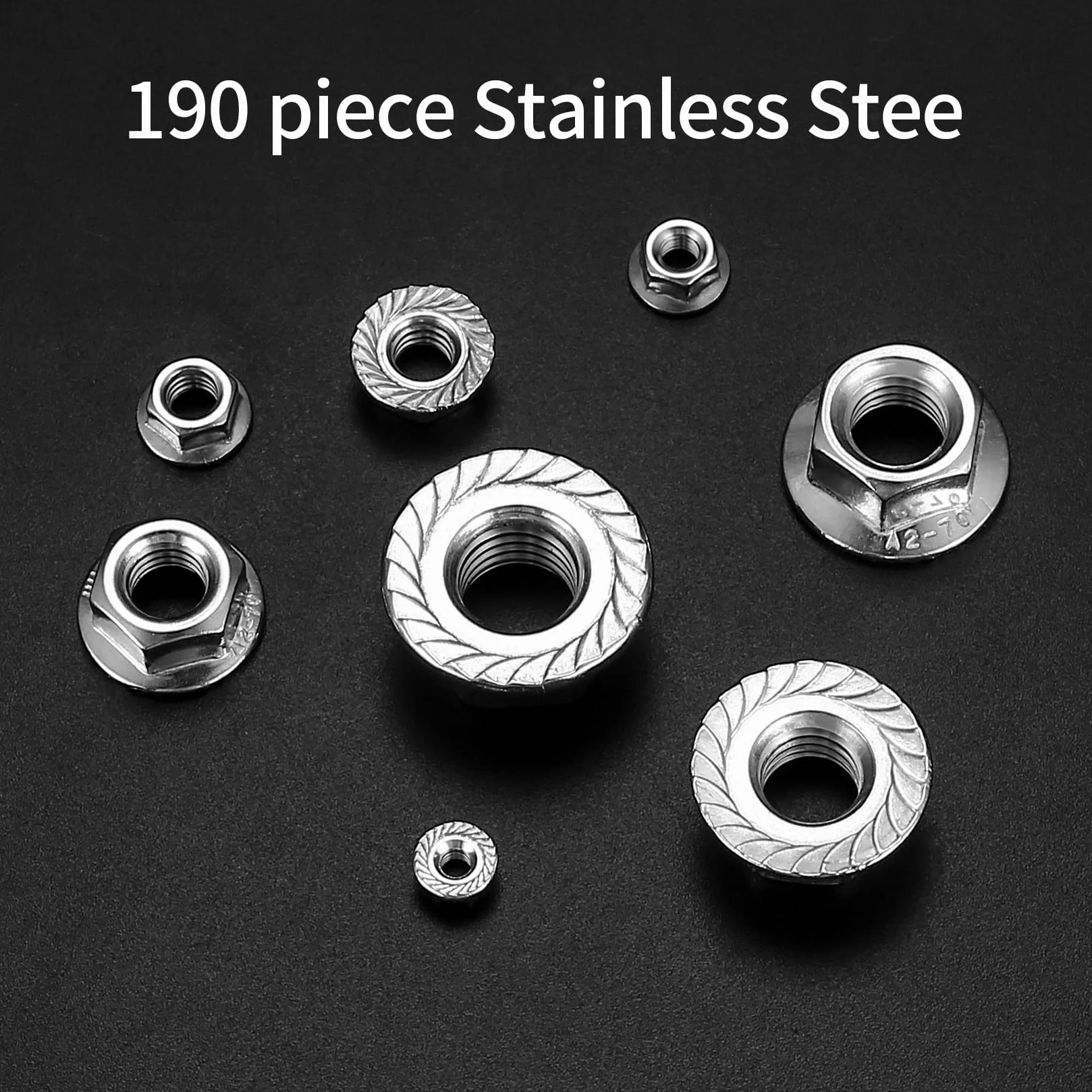 Kit Dado Flangiato Esagonale Acciaio Inox M3 M4 M5 M6 M8 M10 M12 190 Pezzi