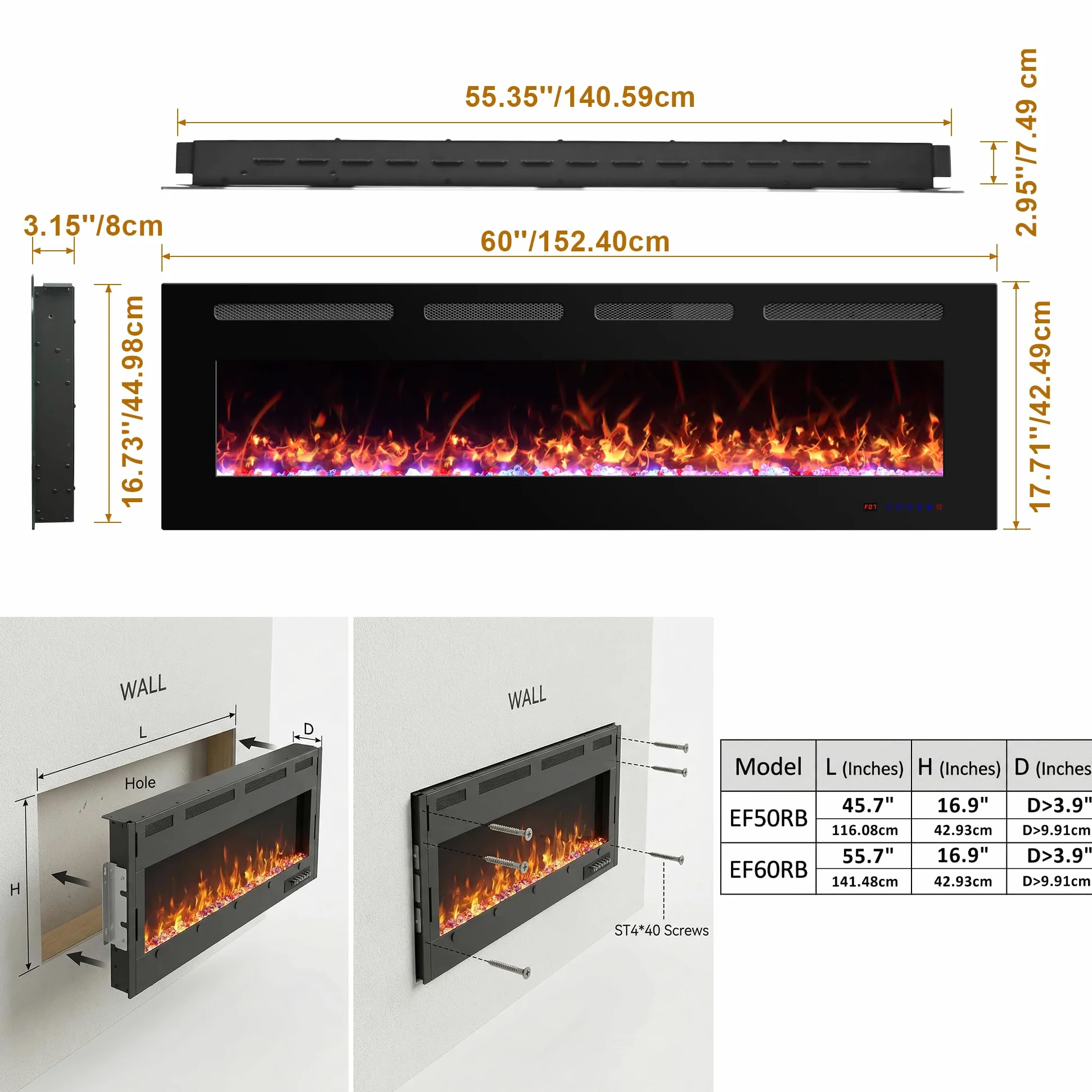Camino elettrico da 152,4 cm, da parete e da incasso, con telecomando, 13 effetti di fiamma, 5 luminosità, 5 velocità della fiamma, timer, protezione contro il surriscaldamento, 750 W