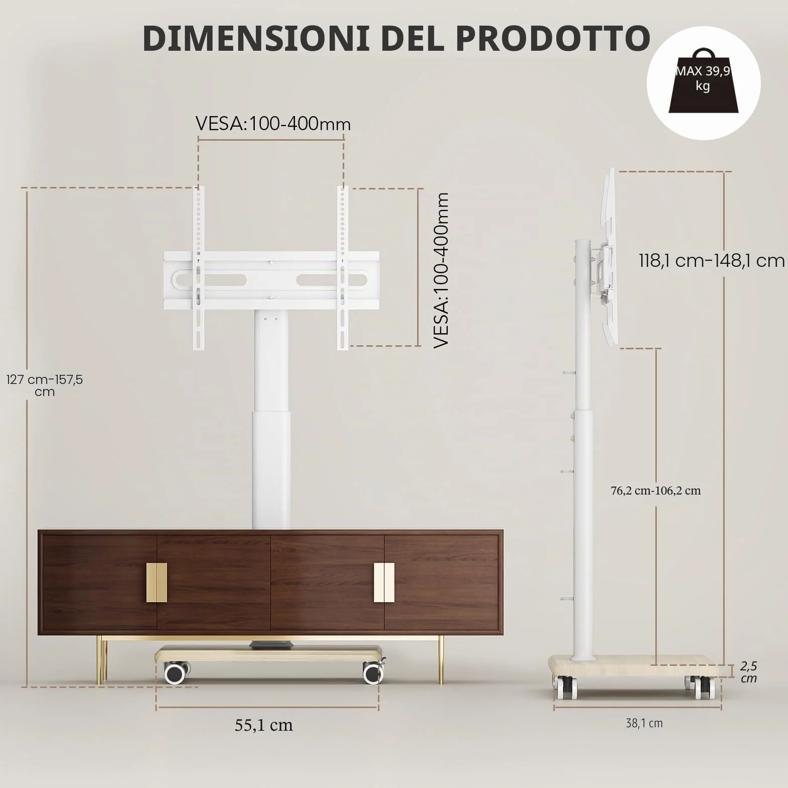 Supporto TV mobile per TV da 27 a 65 pollici, carrello TV portatile con ruote, grande supporto universale con supporto girevole, altezza regolabile per angolo camera da letto, esterno.