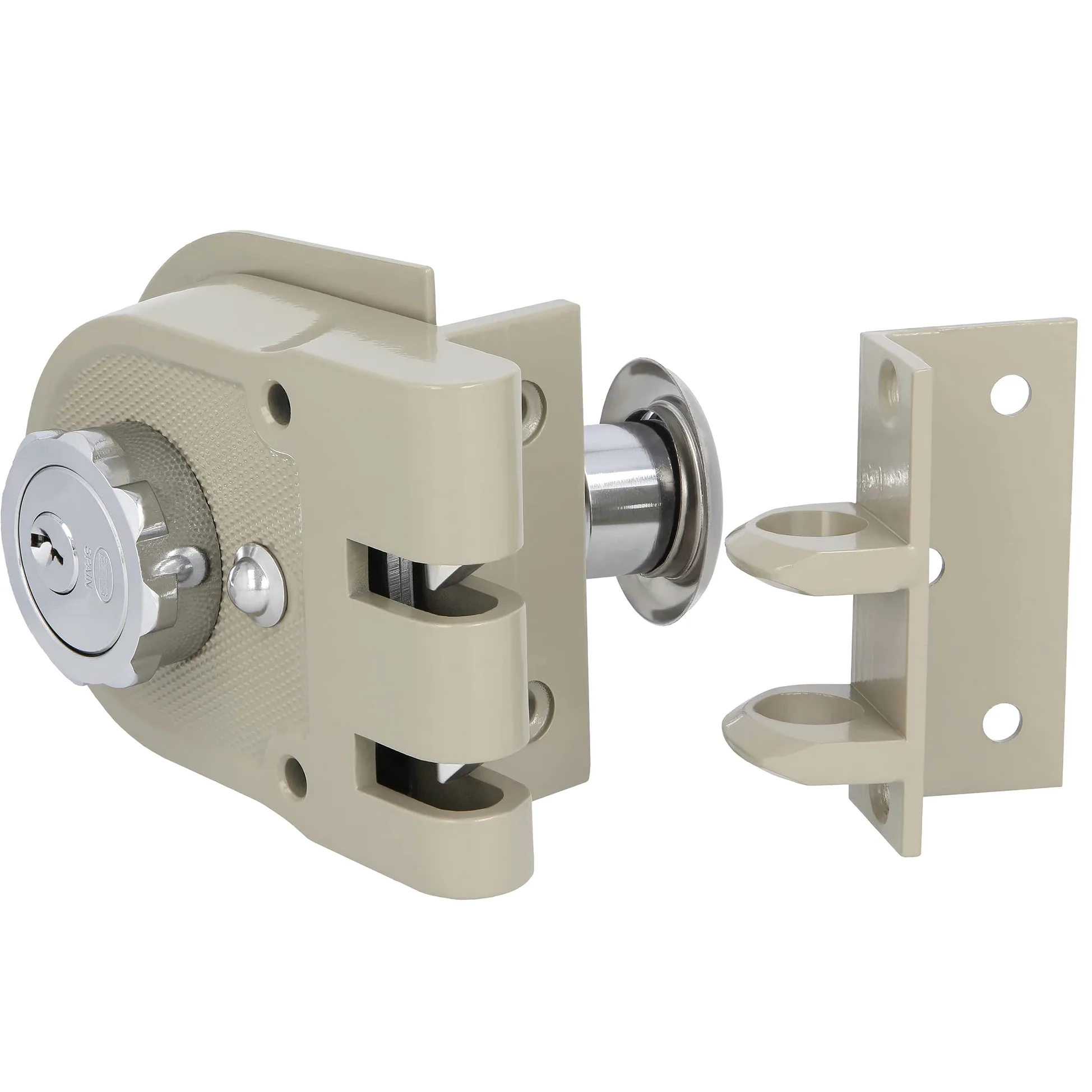 Amig - Serratura a Sovrapposizione a destra con leva di chiusura, linguetta e maniglia per porte in legno mod. 1396 | 60 mm | Chiusura con cilindro interno ed esterno | Acciaio Beige