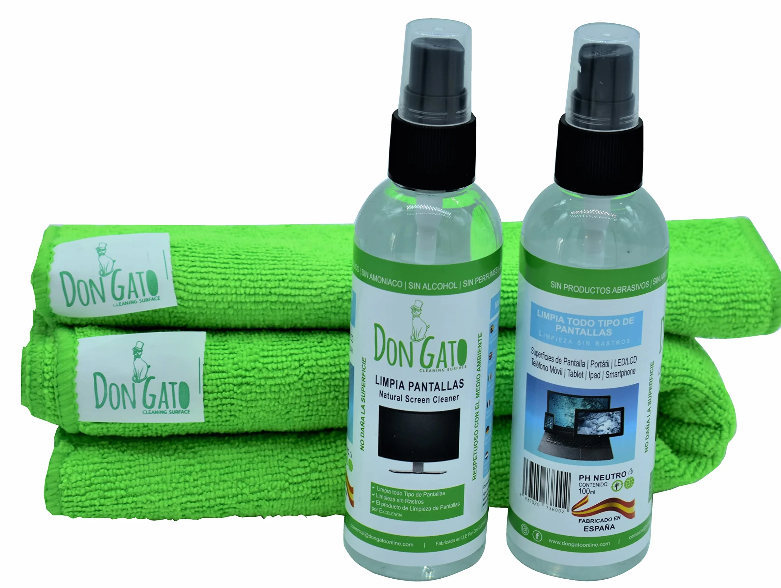 Don Gato – pulizia dello schermo (100ml x 2) + 2 panno in microfibra per TV, Tablet, Computer portatile, LCD, LED, telefono cellulare. Prodotti naturali e rispettoso dell'ambiente.