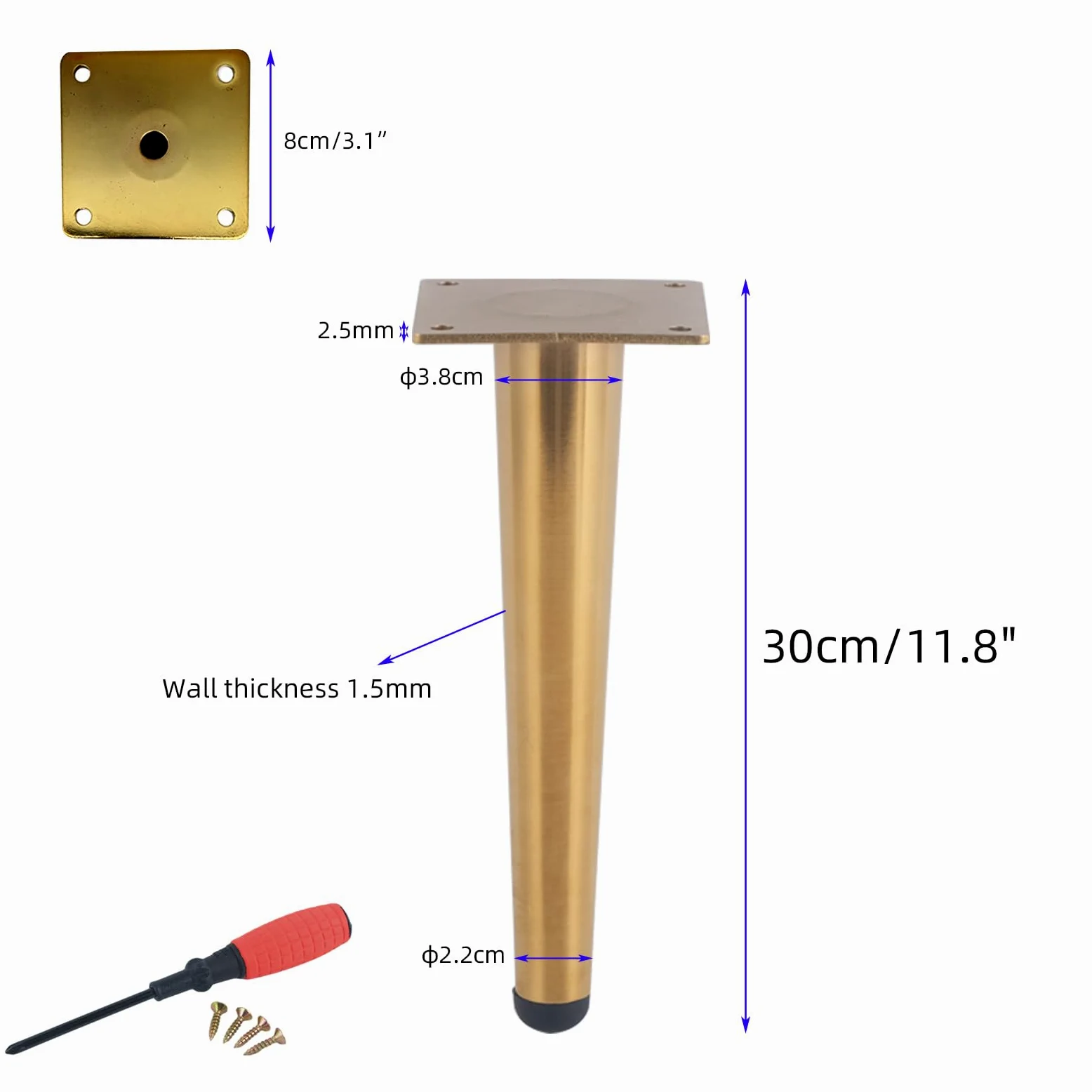 Gambe per Mobili Piedini per Tavolo In Metallo da 30 cm 4 Pezzi Supporto In Acciaio Inossidabile Dorato Superficie Galvanizzata Altezza Piedini per Divano: 15-30 cm Piedini per Mobile da 30 cm/11,8"