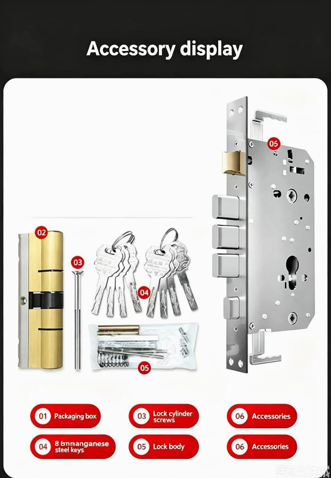 Serratura Meccanica in Acciaio Inox, Set Maniglia Antifurto per Porta D'Ingresso, Finitura Nera(B+Inside Open)