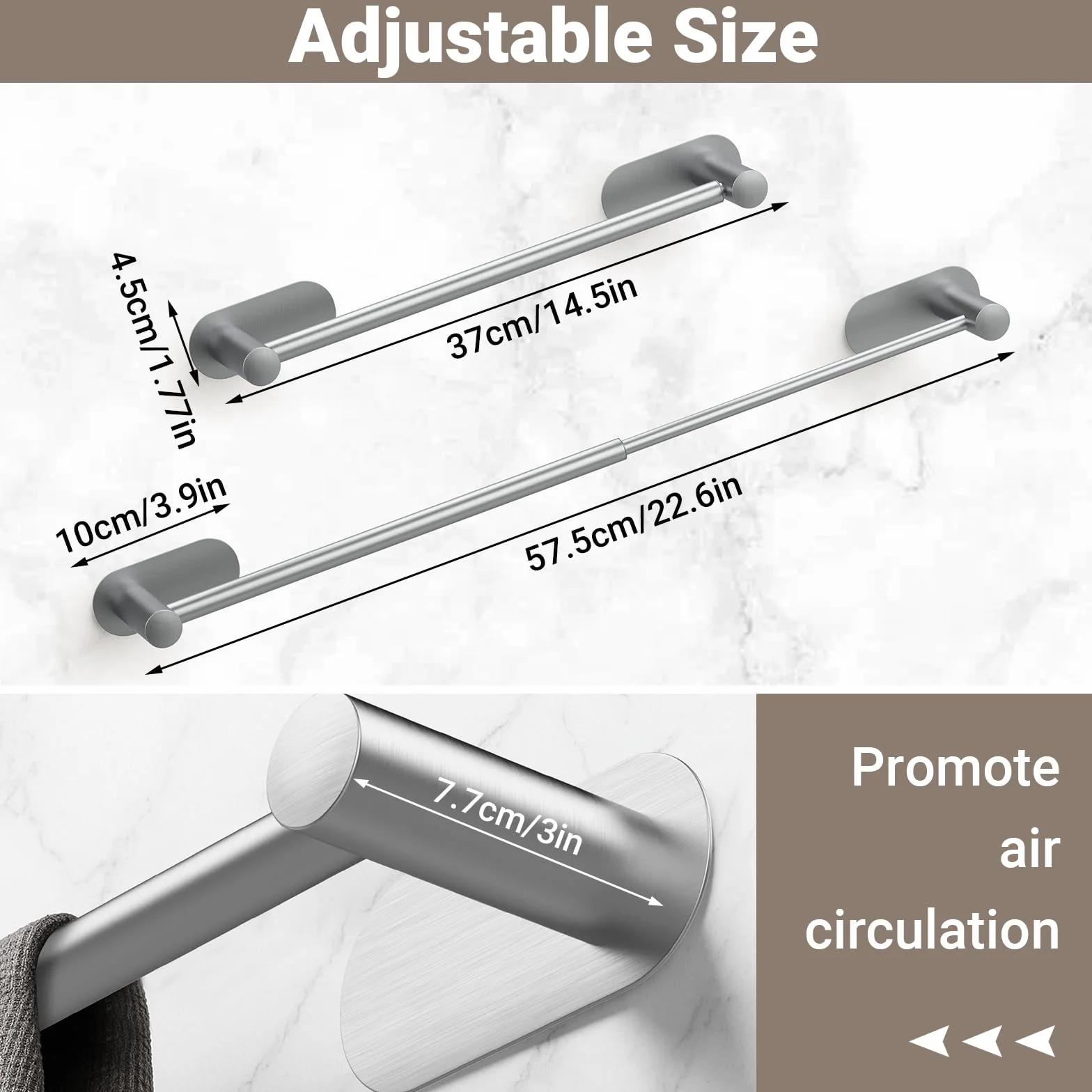 Porta Asciugamani Adesivo in Acciaio Inox Estensibile 37-57,5 cm per Bagno e Cucina