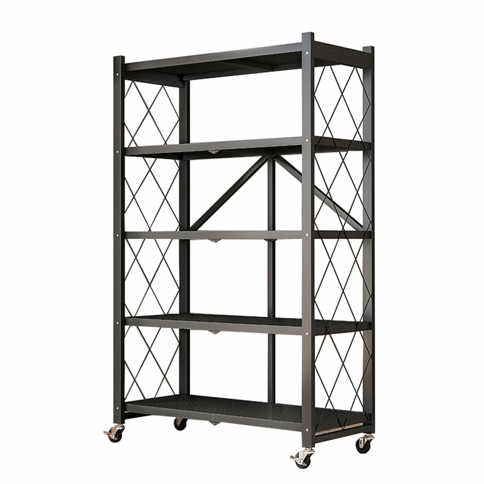 Scaffale pieghevole a 5 ripiani, resistente, con ruote, in metallo, per cucina, garage, lavanderia e bagno, nessun montaggio richiesto, nero
