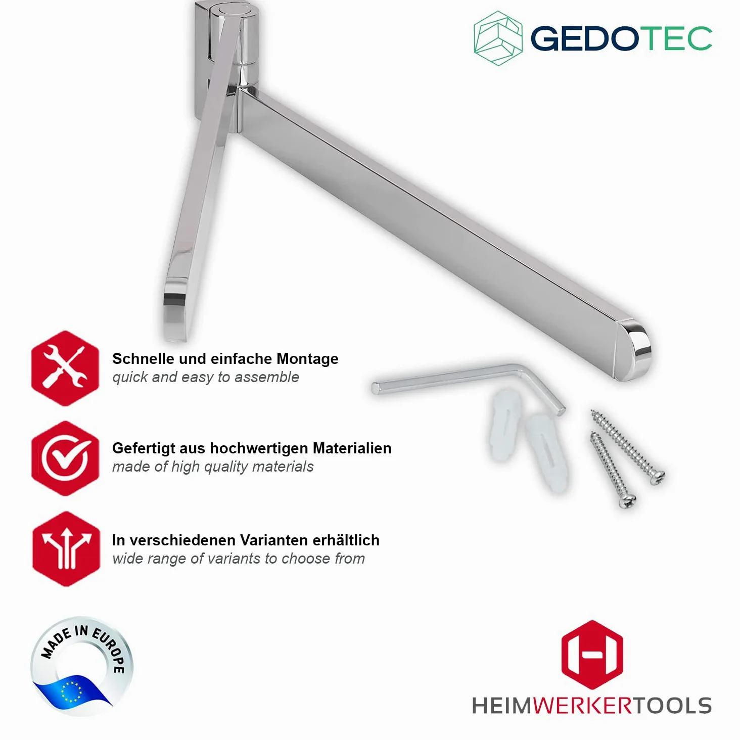 Gedotec - Portasciugamani doppio da bagno orientabile, modello OCEAN, a 2 bracci, di metallo cromato lucido gancio per asciugamani da parete, lunghezza 400 mm
