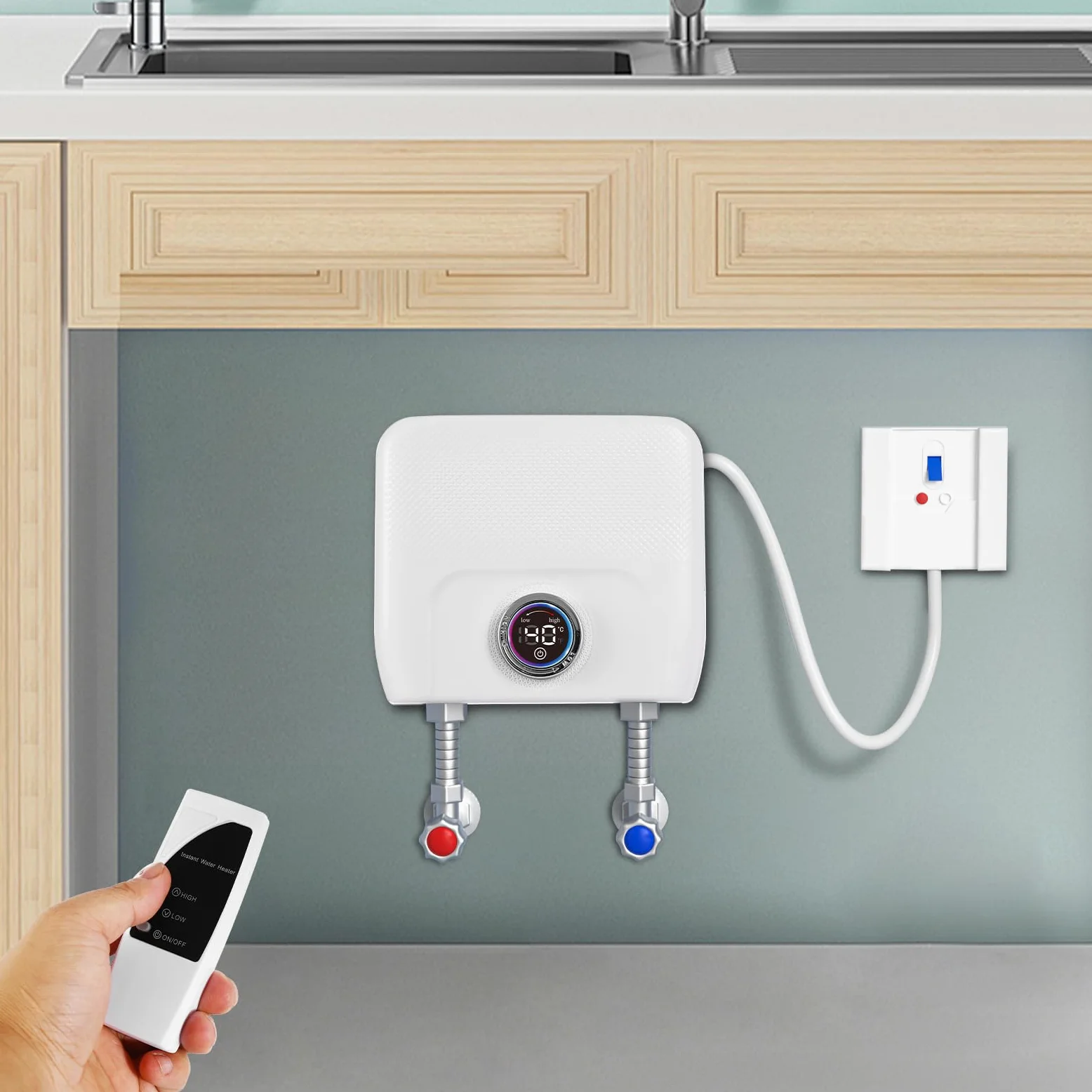 Scaldabagno Istantaneo 6500W, Scaldabagno Elettrico 220V, Mini Scaldabagno Senza Serbatoio, Schermo LED Digitale, Funzione Memoria, Controllo Intelligente, per Cucina Bagno Lavandino