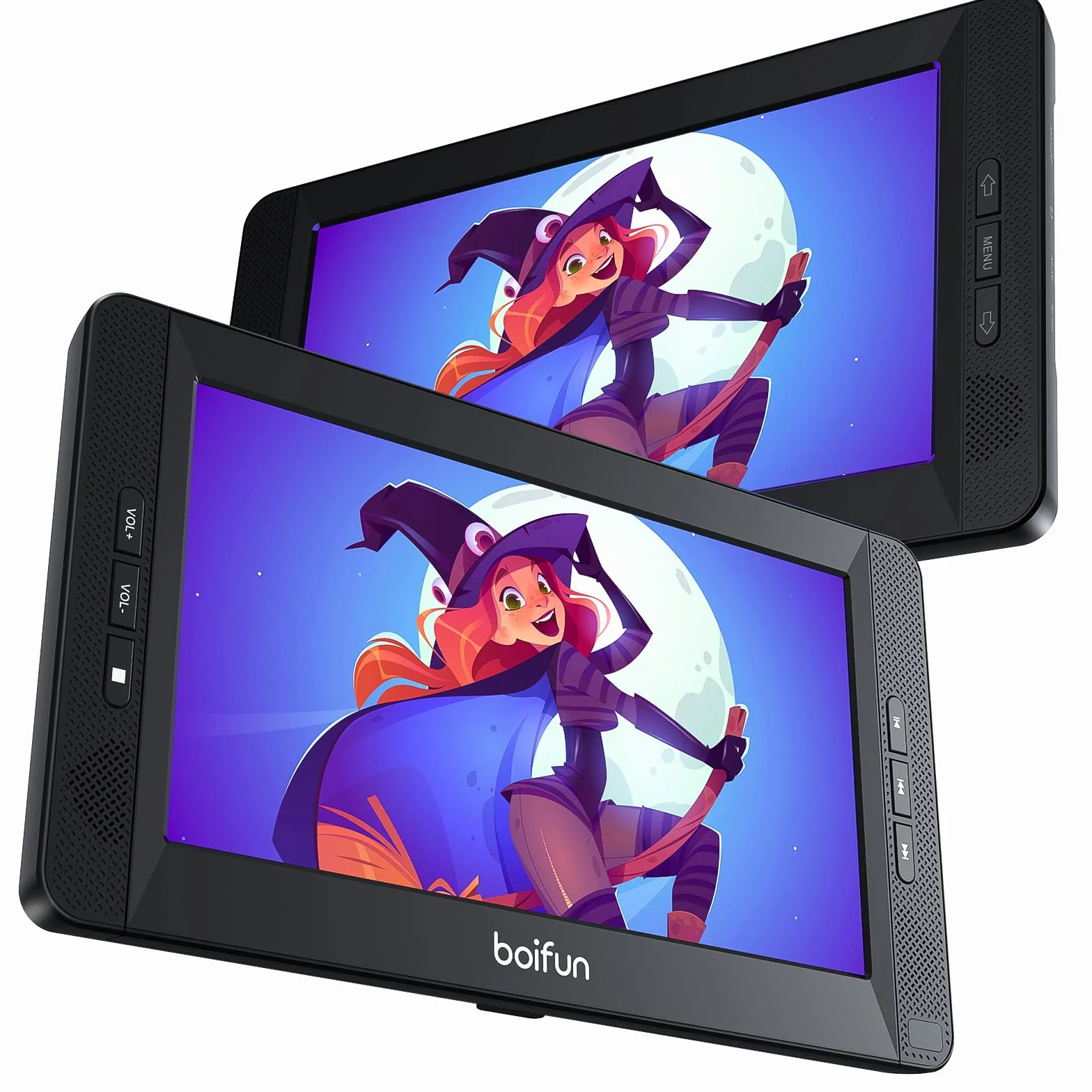 BOIFUN Lettore DVD Auto 2 Schermi 10,5'' con batteria 7 ore per TV portatile, poggiatesta 2 monitor 1024 * 600 HD, supporto poggiatesta USB AV IN/Out FM
