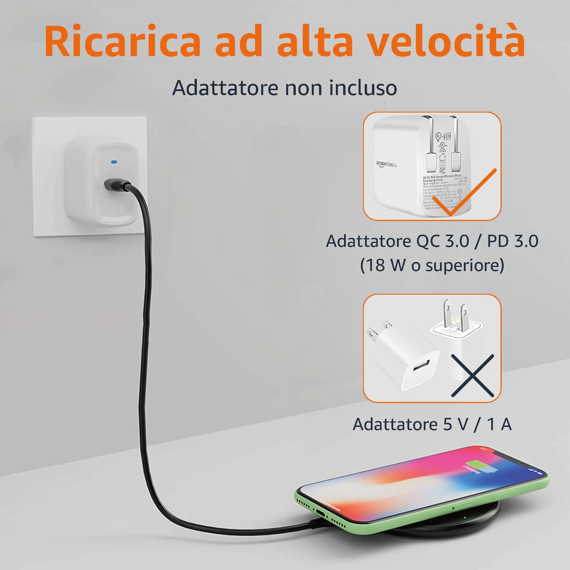 Amazon Basics Tappetino di ricarica wireless certificato Qi da 15 W (iPhone 16/ 15/14/13/12/11/X, Samsung) - Con cavo USB (adattatore CA non incluso) - nero