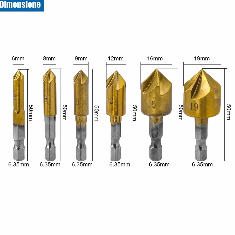 Svasatore Conico HSS Titanio Rivestito Codolo Esagonale Alesatore Fori 6-19 mm 6 Pezzi