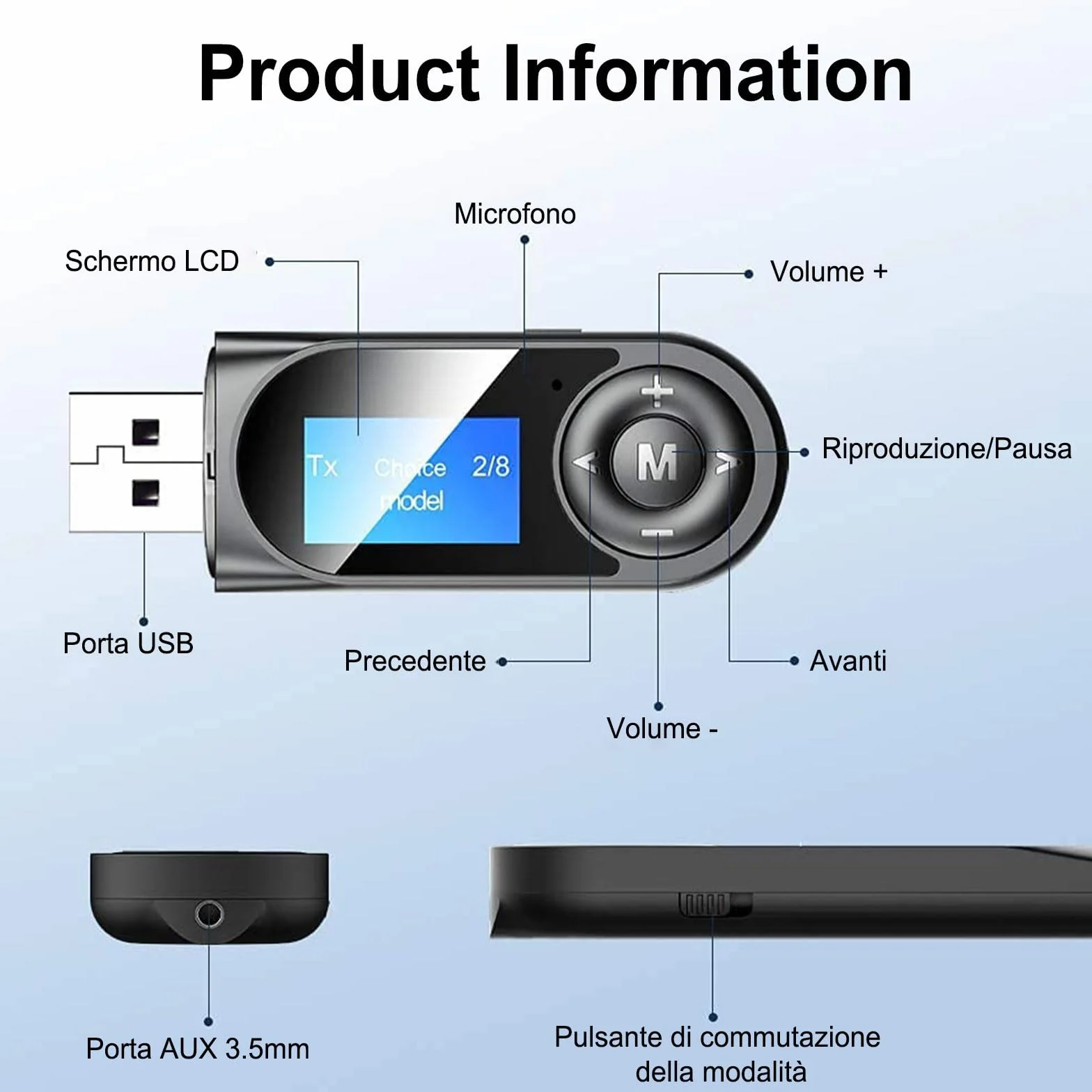 USB Trasmettitore Ricevitore Bluetooth 5.0, Adattatore Wireless Audio con 3.5mm AUX per TV/PC/Cuffie/Altoparlanti/Auto, bluetooth aux chiavetta, bluetooth per auto, Microfono Integrato