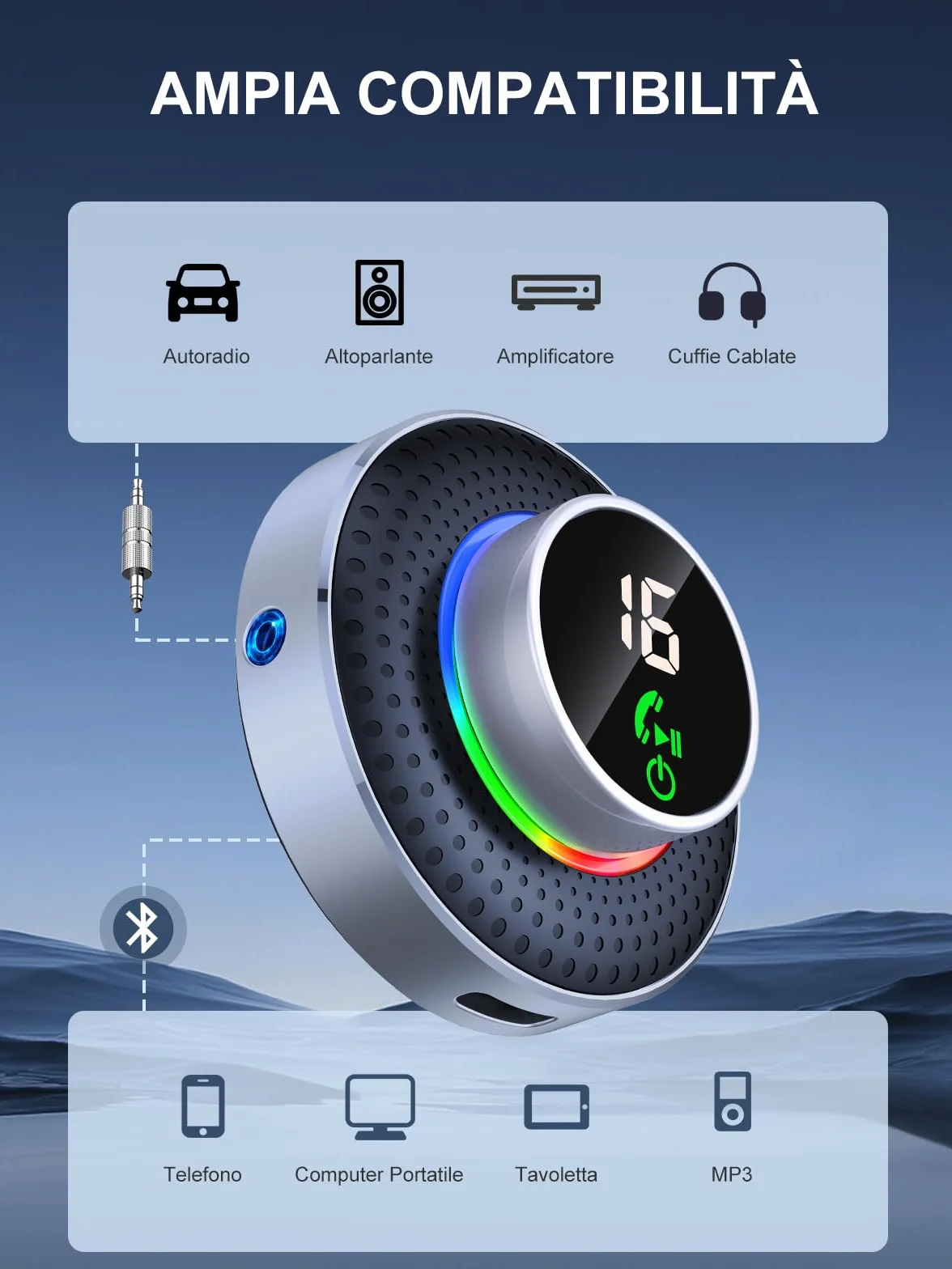 Glangeh Ricevitore Adattatore Bluetooth 5.3 Auto AUX, Pulsante Ingrandito e LED Schermo, con Jack 3,5mm, per Stereo/Altoparlante/Cuffie, Chiamate In Vivavoce, Supporta Siri