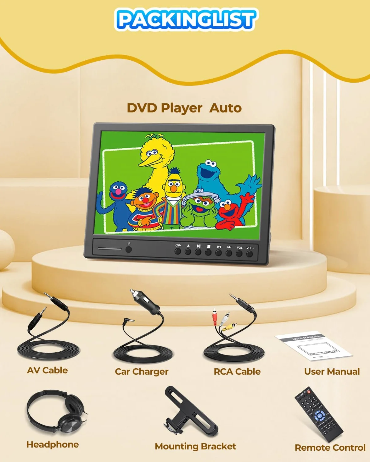 Arafuna 12,5 Pollici Lettore DVD Portatile, 1080P Lettore DVD Auto, Supporta l'ingresso USB/TF, HDMI, AV, Non Ricaricabile